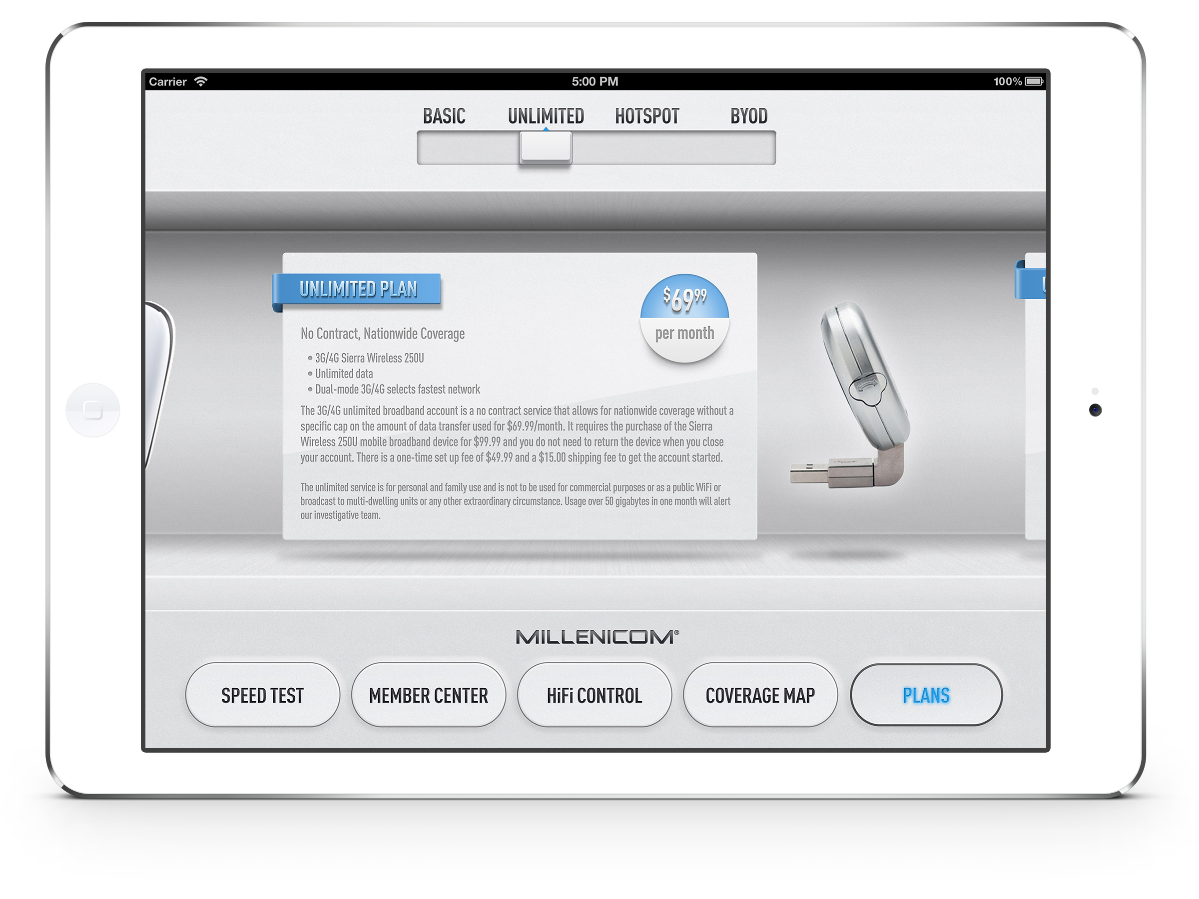The app allows users to test their internet speed, view the connection strength of multiple network types, view coverage maps, manage their account and purchase or change plans.