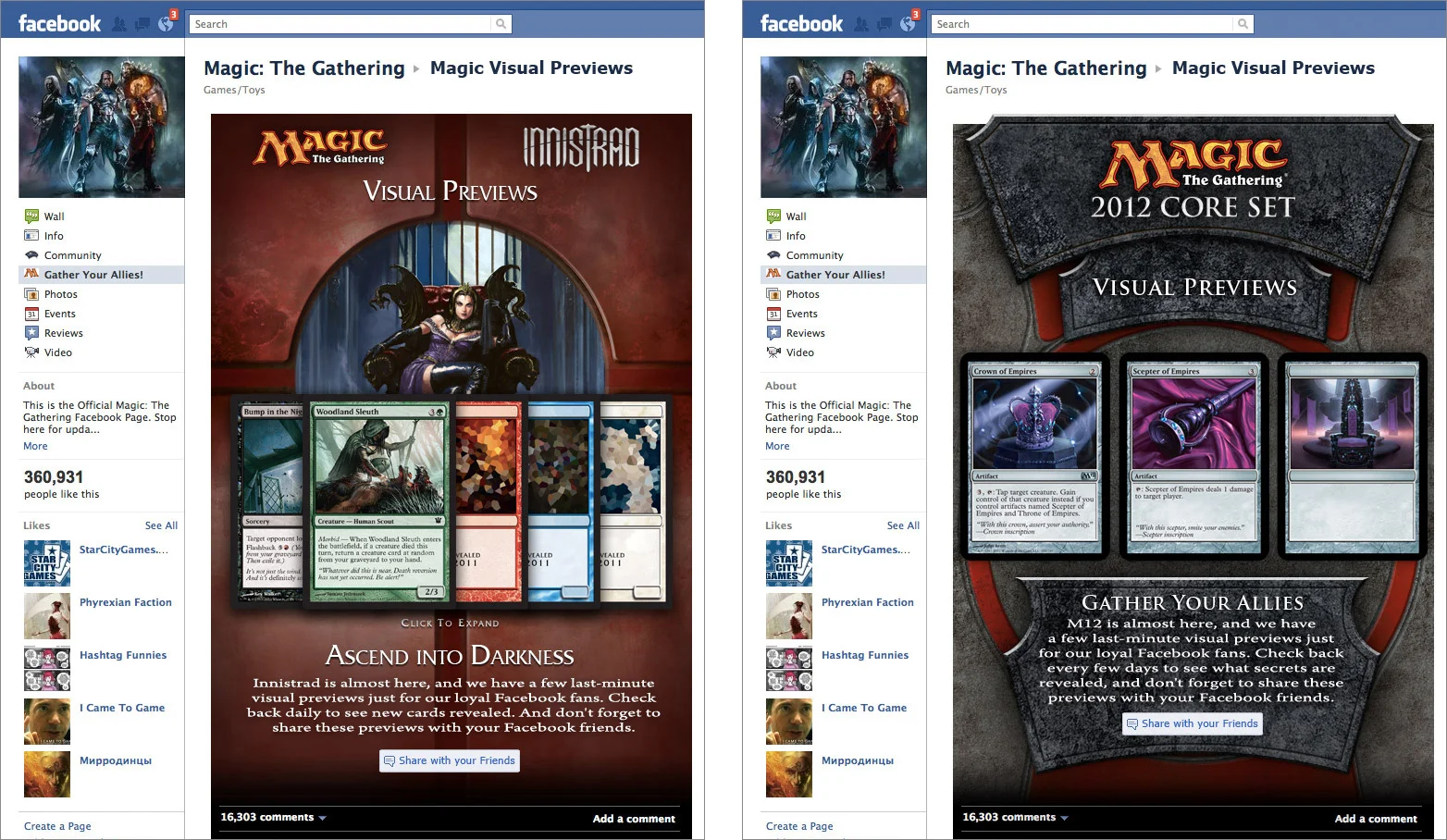 We decided to take the conversation to the platform where it can spread the fastest: Facebook. We created a custom application through which new card information was slowly revealed exclusively to the Magic: The Gathering Facebook fans. The App featured built-in commenting and sharing features allowing users to participate in conversation and spread the word with as little friction as possible. Development was done with future sets in mind, making updates to the App easy and increasing the return on initial investment over time.