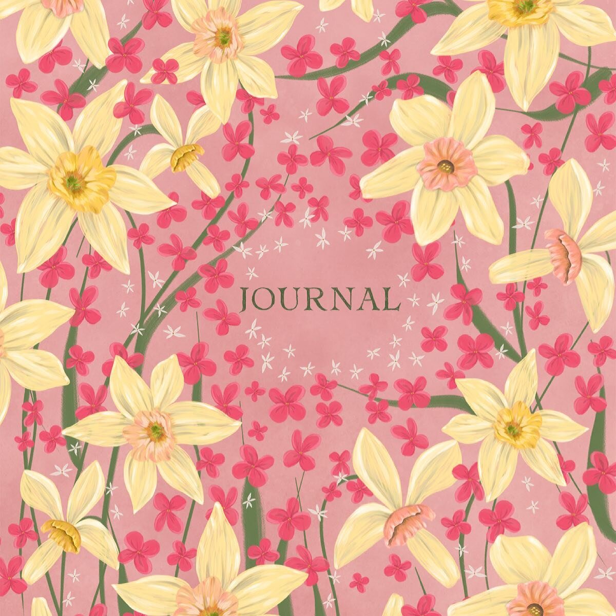 So I decided I like this pink background better 😂. This is my journal cover assignment for @makeartthatsells Our daffodils and I had to draw them. 
.
.
.
#makeartthatsells #matsbootcamp2021 #adobefresco #illustration #floralillustration #surfacedesi