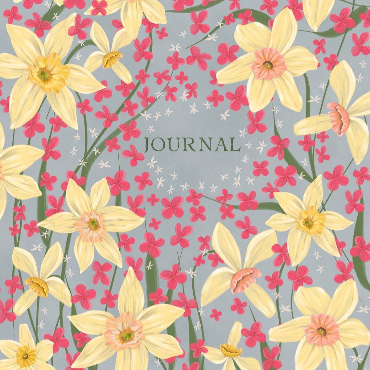 Still kind of tinkering with this journal cover assignment for @makeartthatsells I couldn&rsquo;t resist using our backyard daffodils that just started blooming. 
.
.
.
#makeartthatsells #matsbootcamp2021 #adobefresco #daffodils #floralart #surfacede