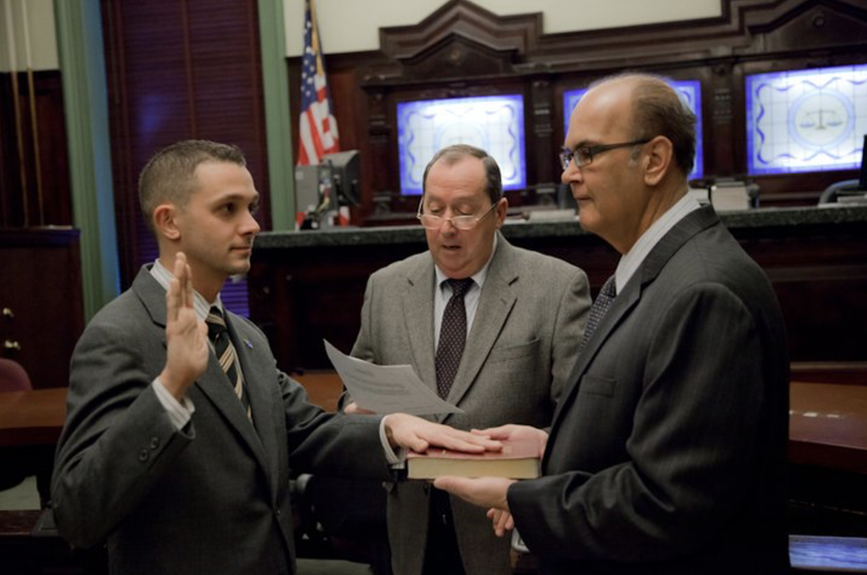 In 2011, Mike became the youngest commissioner on the Zoning Board, at age 28. He’s seen here being sworn in by City Clerk James Farina and former County Freeholder, Maurice Fitzgibbons.