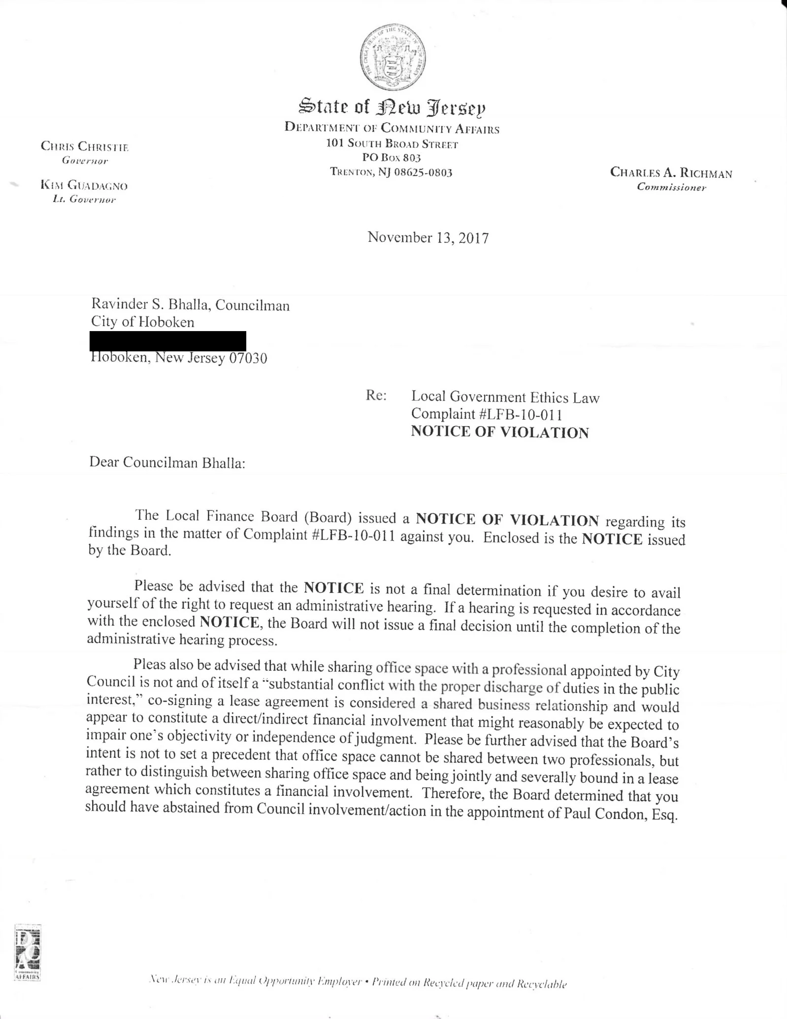 State DCA ethics violation notice issued to Mayor-elect Bhalla for voting on a business partner's city contract while serving on City Council in 2011. 