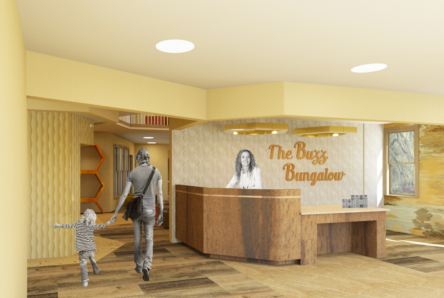 The buzz bungalow reception lobby featuring a custom built-in reception desk and custom designed entry signage