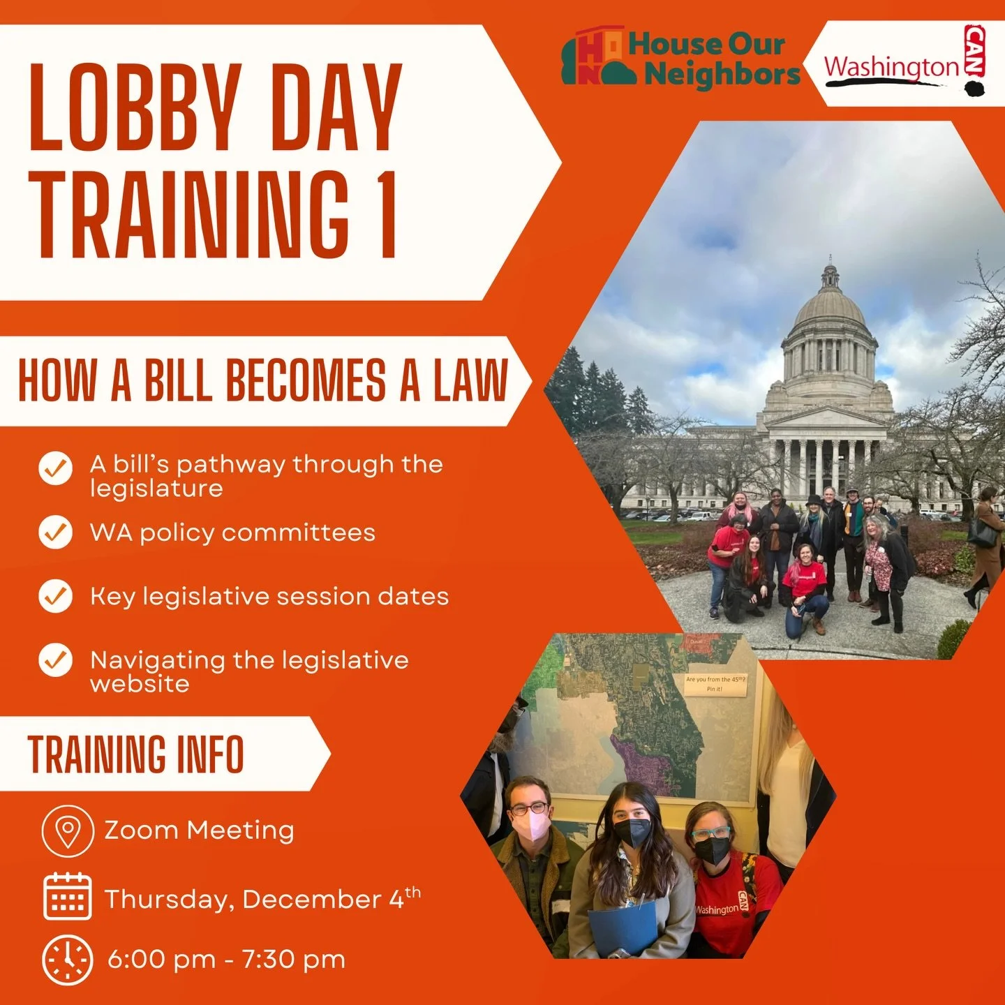 Ever wonder how a bill actually becomes a law in Washington? 

Join WashingtonCAN and House Our Neighbors this evening at 6 pm for our first pre&ndash;Lobby Day training and learn how to navigate the legislature with power.

Link to signup is in our 