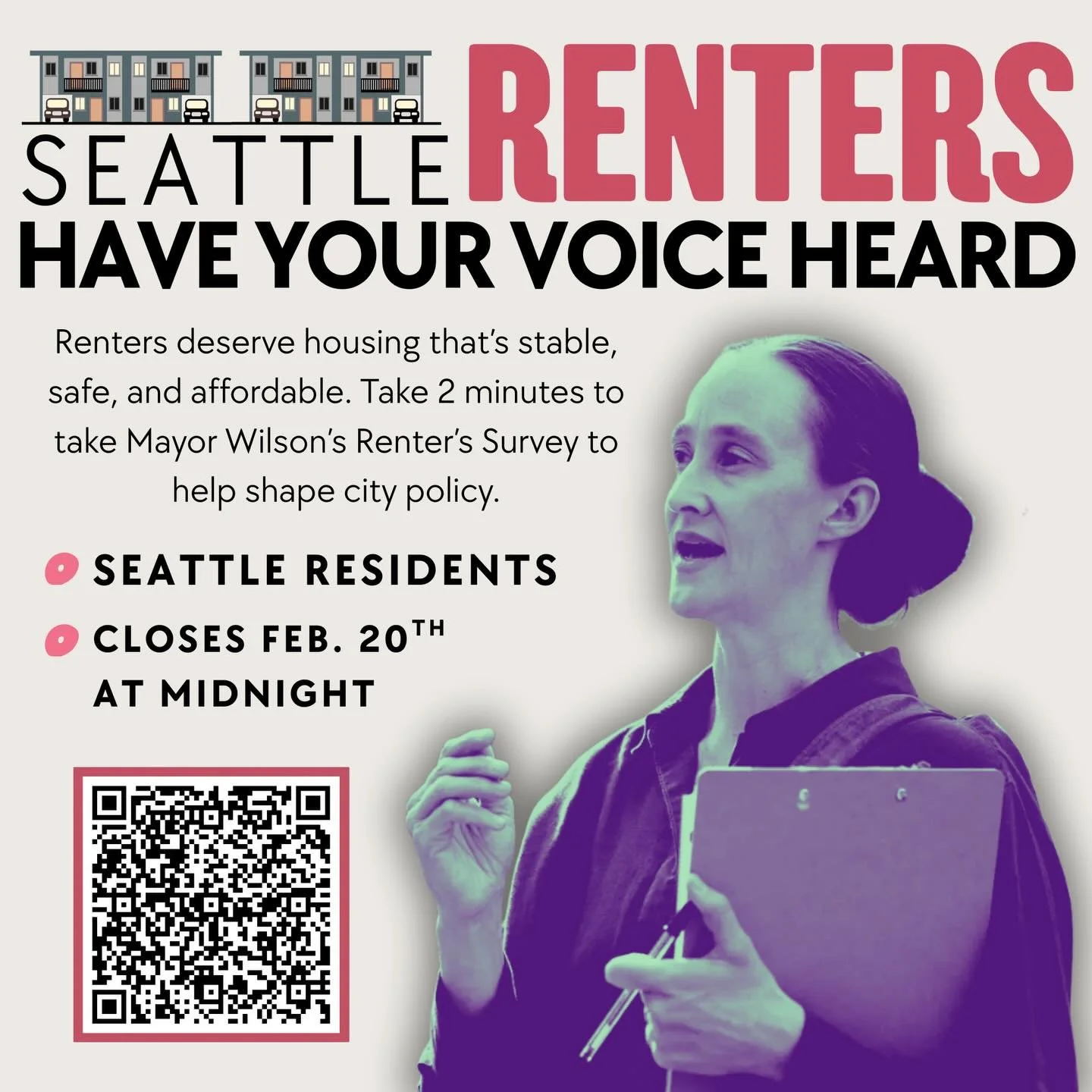 🚨 Renters build this city, and we deserve to shape its future! If you rent in Seattle, take Mayor Wilson&rsquo;s Renter Survey before TOMORROW, February 20th at midnight. 

Policy should reflect real experiences and that can only happen when we spea