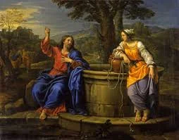 "A man and a woman meet by a well"