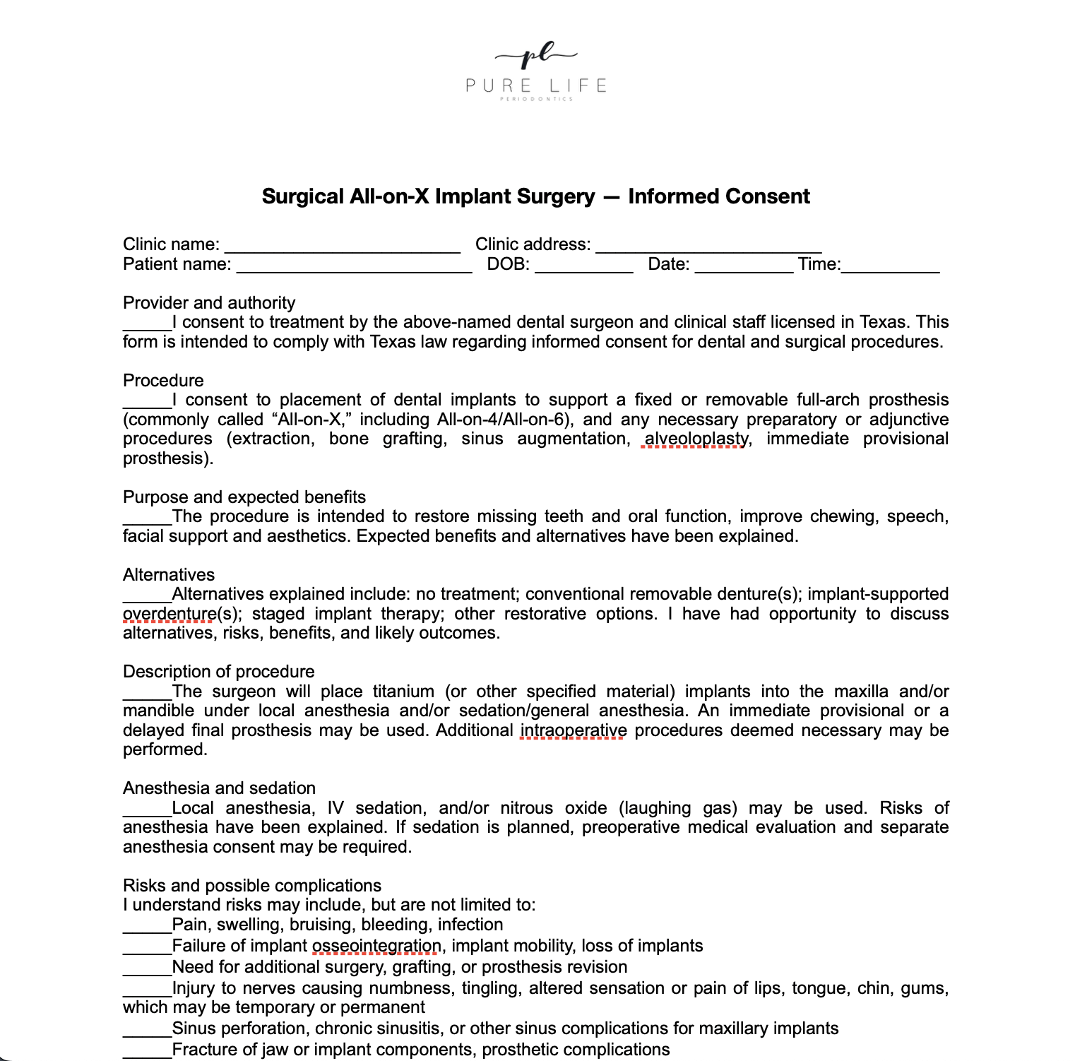 "All on x" Surgical consent