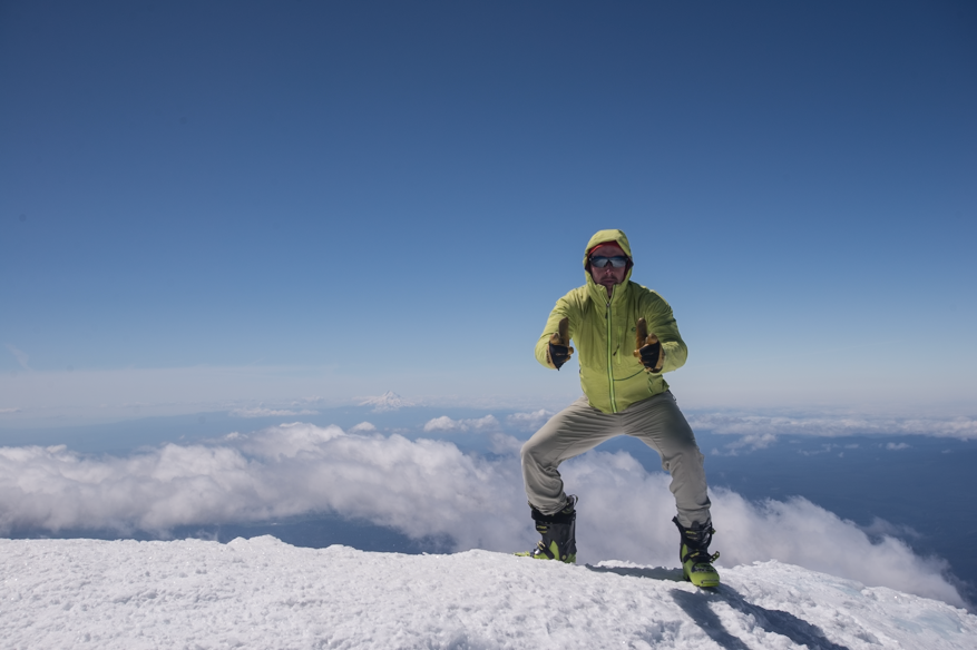 Dale on the summit with a view of Mount Hood