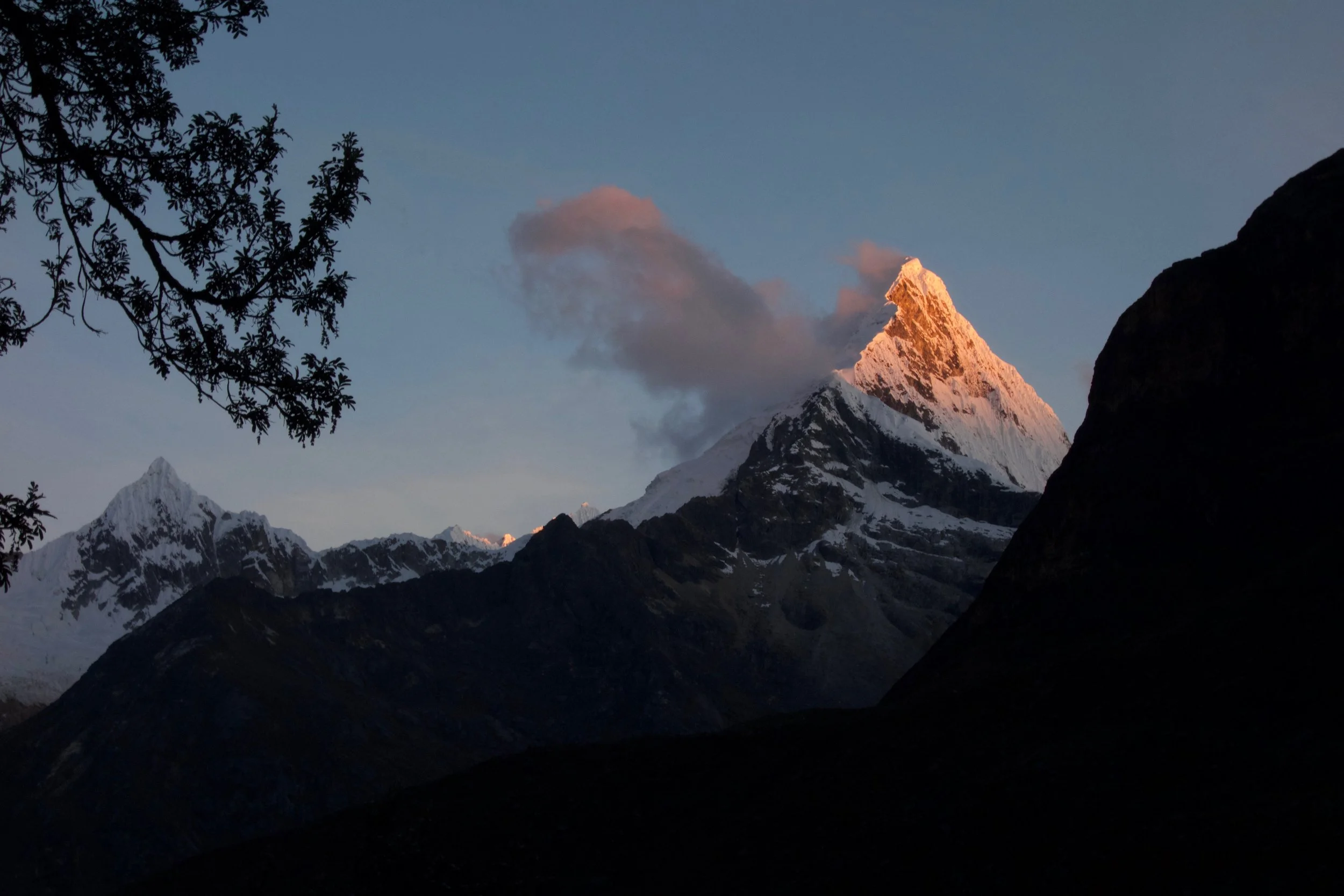 Artesonraju (the Paramount Pictures Peak) from base camp at sunset