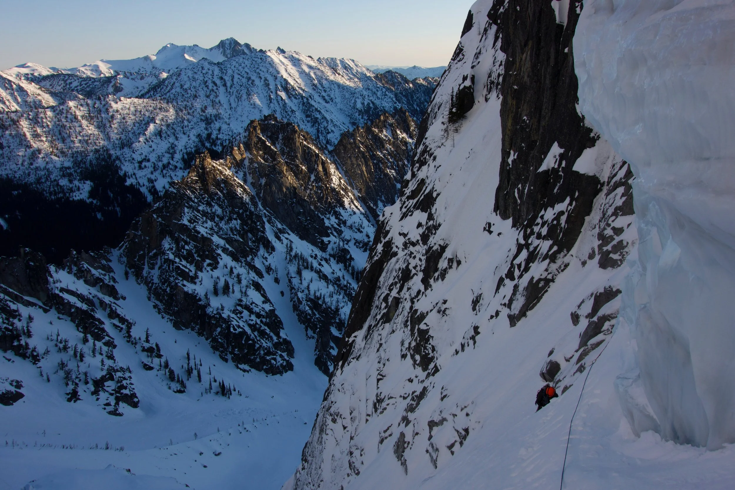 Climbing ice in the early morning