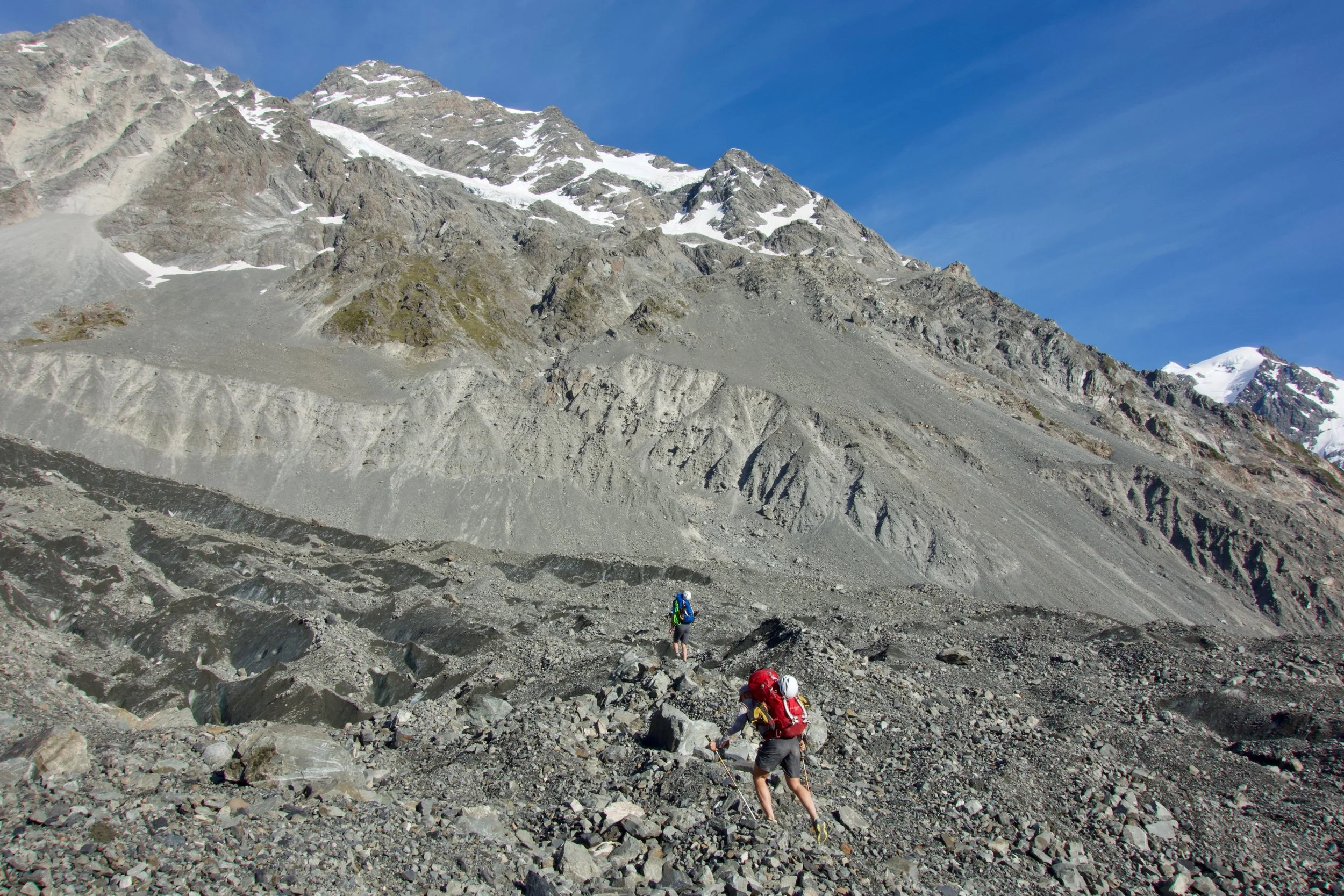 Crossing the Ball Glacier on our way to the scree festival to reach the Boys Glacier