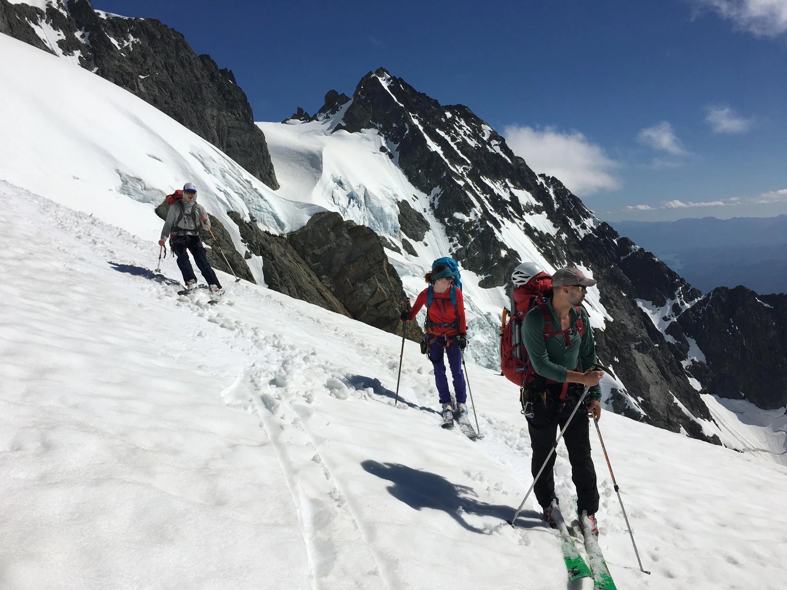 Skiing down the Upper Curtis Glacier on our way to the White Salmon