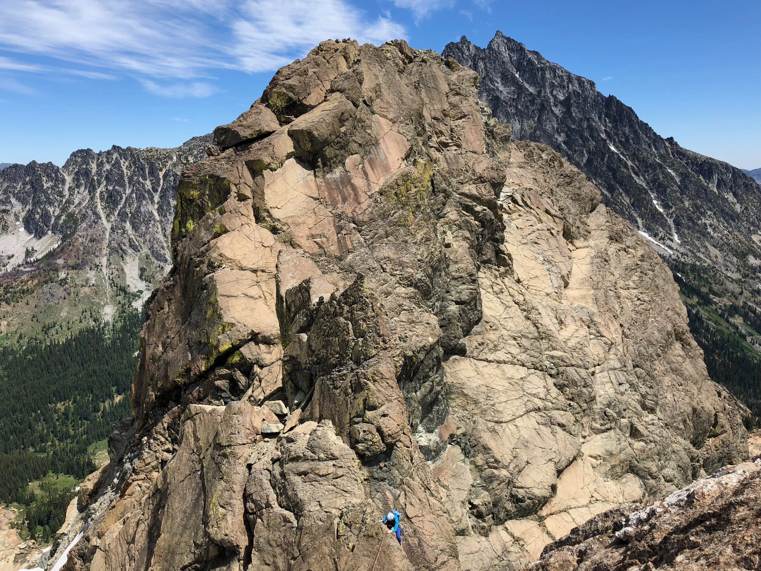 Down-climbing on the second pitch of the East Ridge