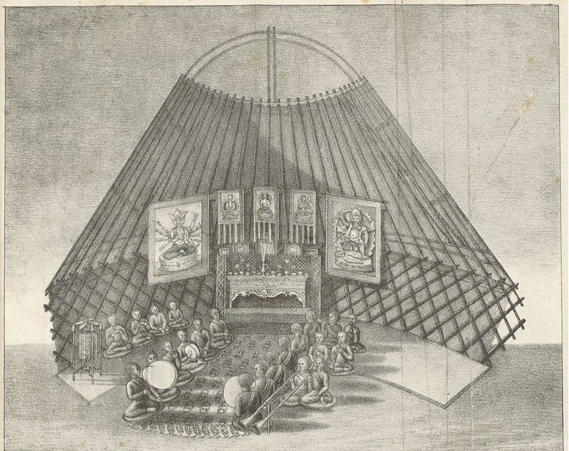  NEVEDJEV(1833) p307 Kalmyk people in a buddhist ceremonie. Source: Wikimedia Commons 
