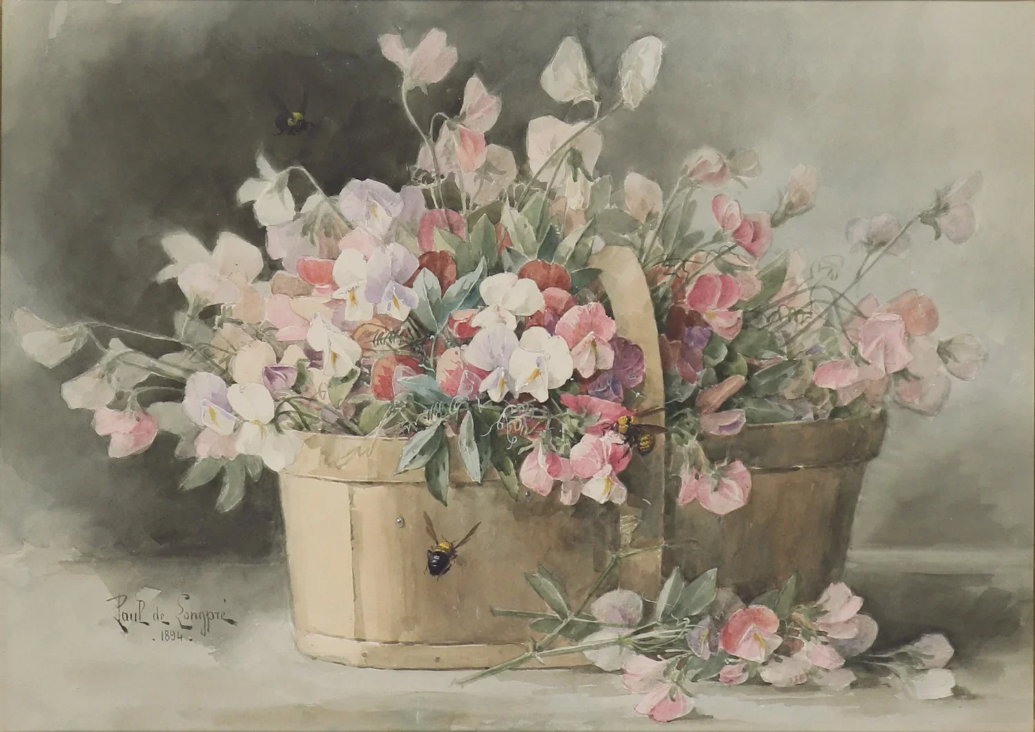 "Still Life with Basket of Freesias and Bumblebees"
