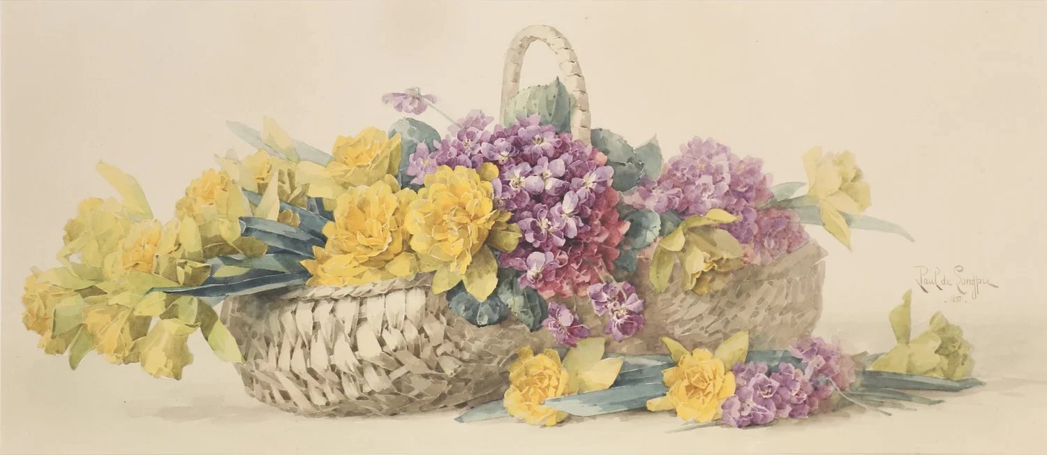 "Daffodils and Purple Lillies in Basket"