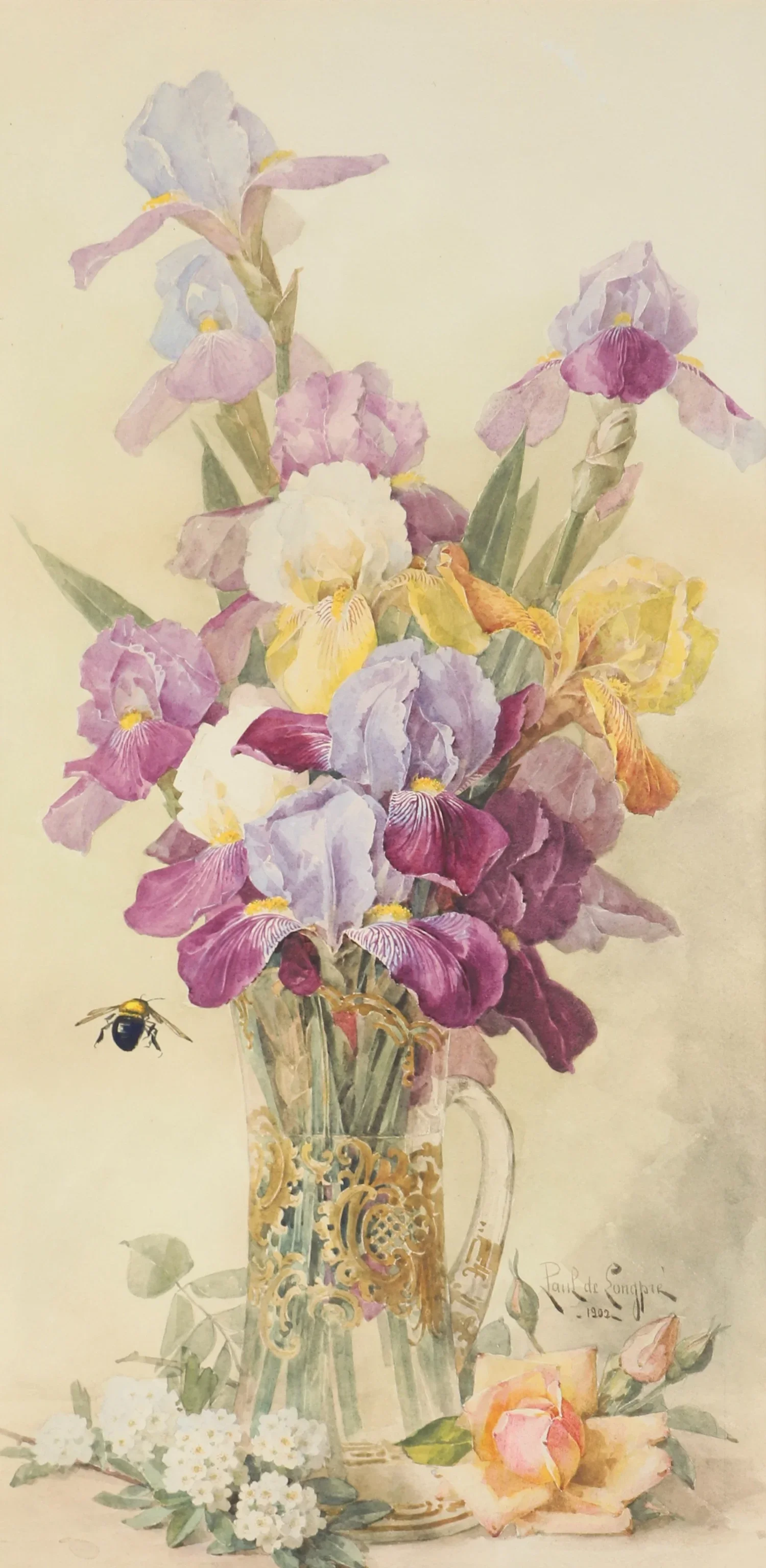 "A Still Life with a Bumblebee and Irises in a Glass Pitcher"