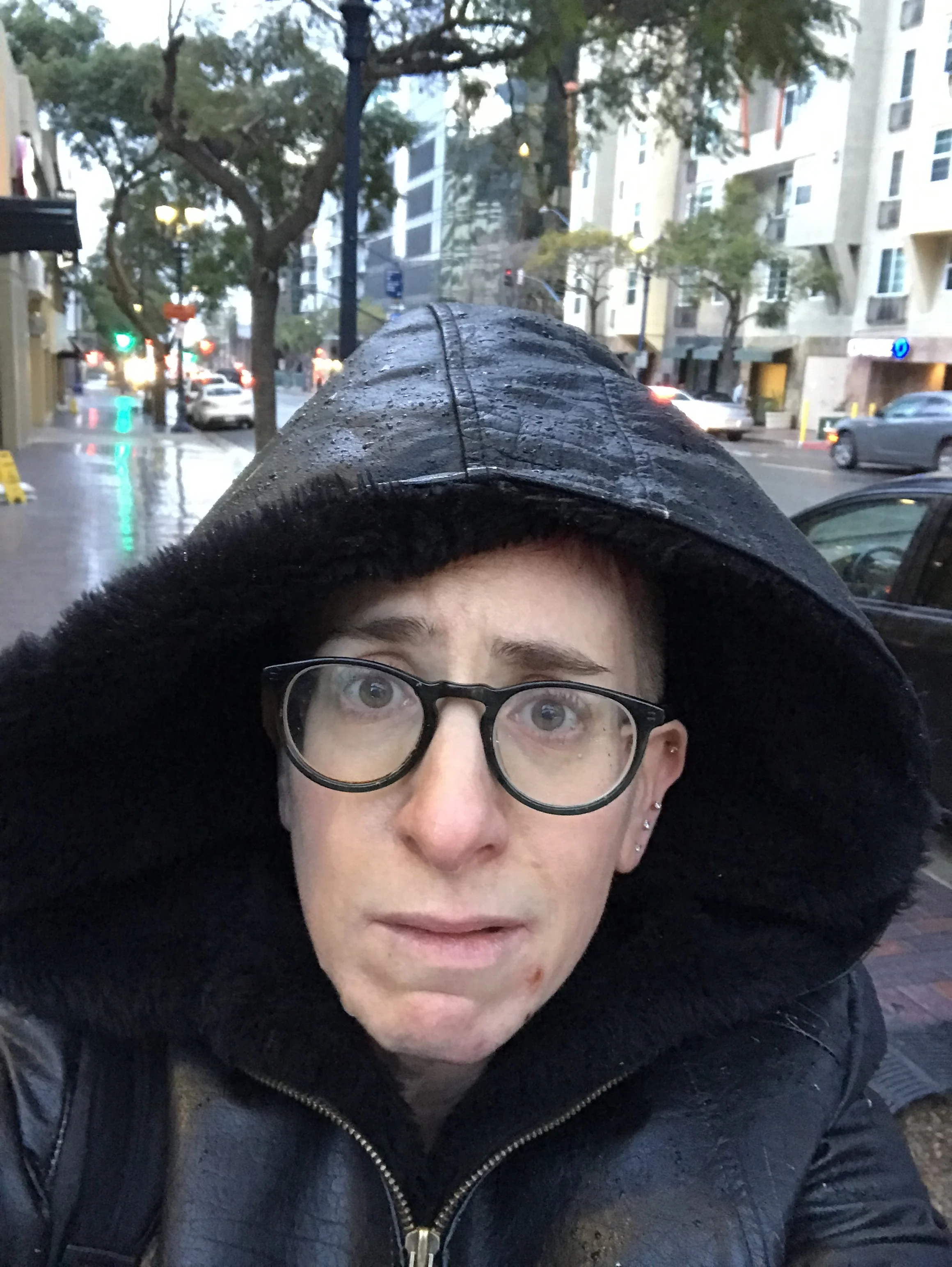 This is me walking in San Diego WHERE IT WAS RAINING most of the week. That’s right it was hailing and raining in San Diego! Thanks Universe!! I just wanted some light, man….