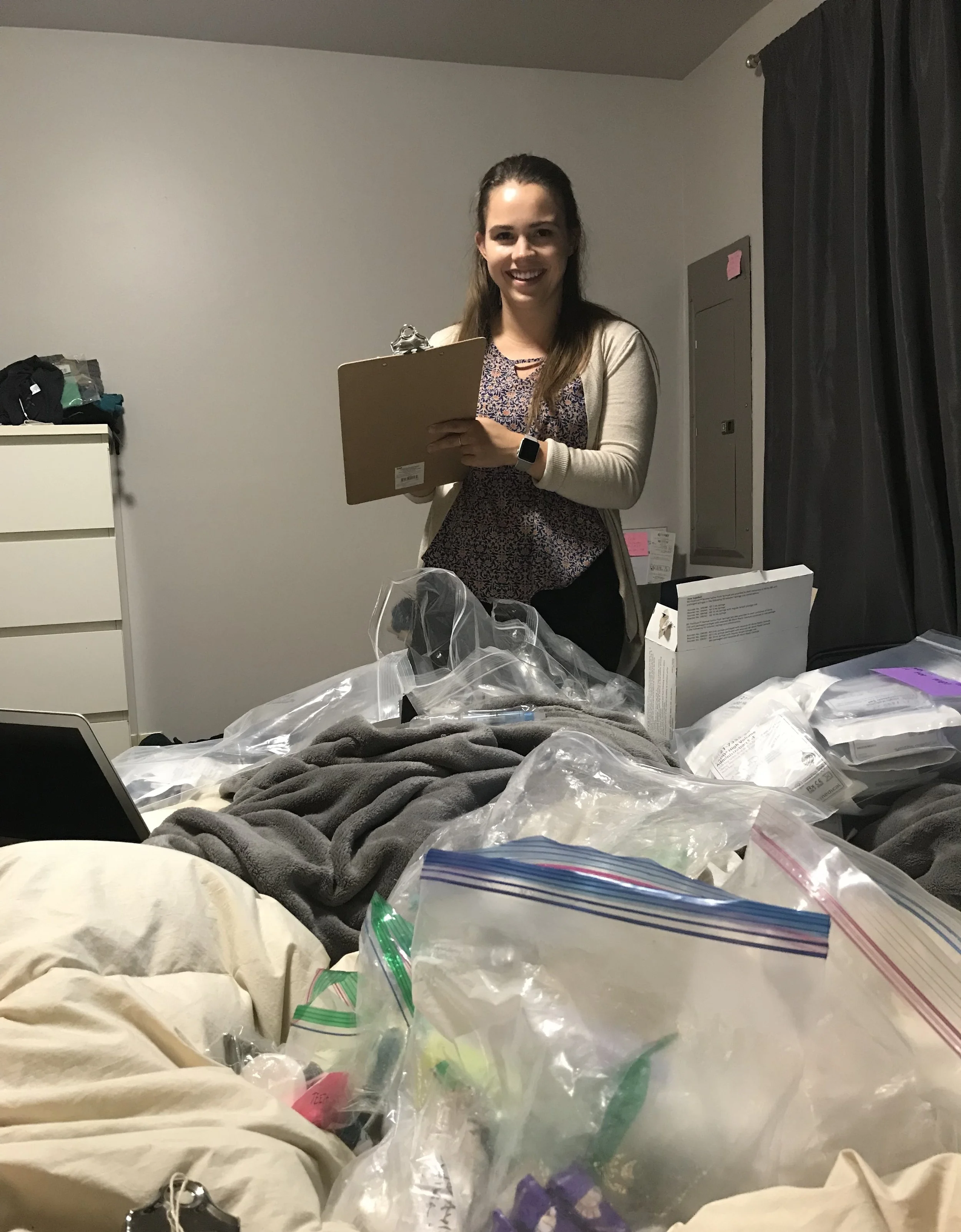 This is Sarah! She’s helping me pack for my trip to the north next week. I have to do this well in advance to make sure I have enough medical supplies to last during the trip, count my pills, and medications, and also make sure I have things like my heating pad and roller so i can stay comfortable. I was very, very tired yesterday so I stayed in bed and went through my toiletries and then passed out, no egg day.
