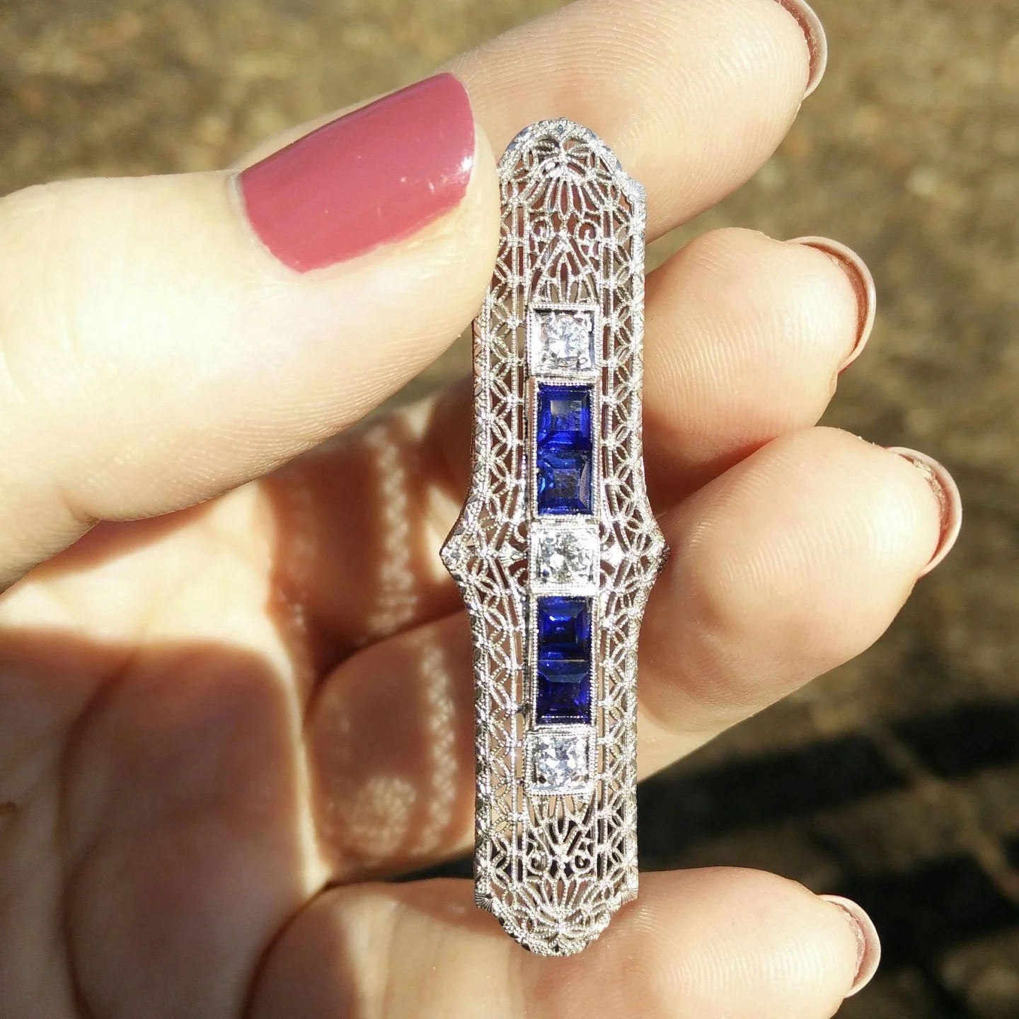 1930s Bar Brooch, White Gold, Platinum, Synthetic Sapphire, Diamond (3).jpeg