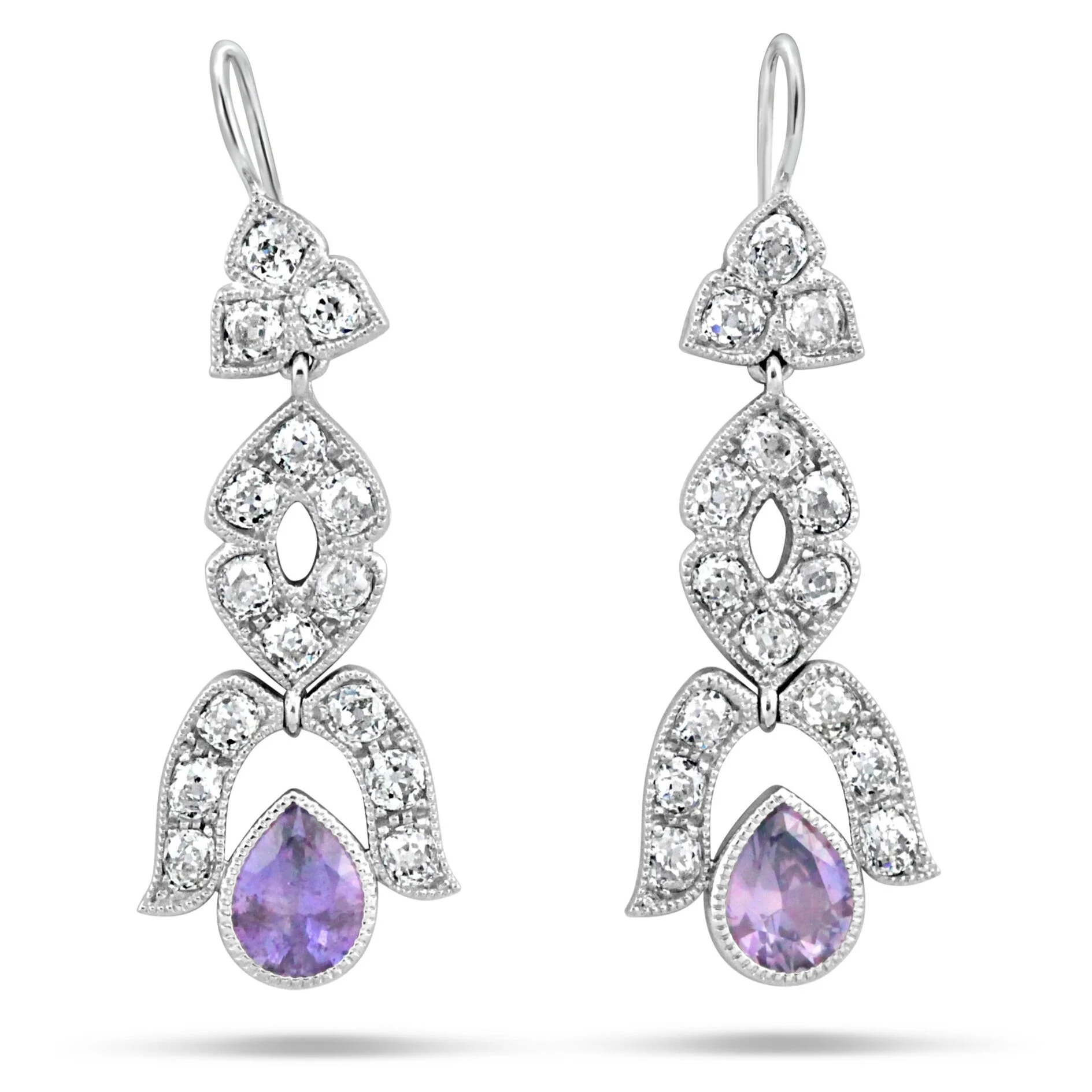 Large Unheated Lavender Sapphire; Old Cut Diamond Earrings
