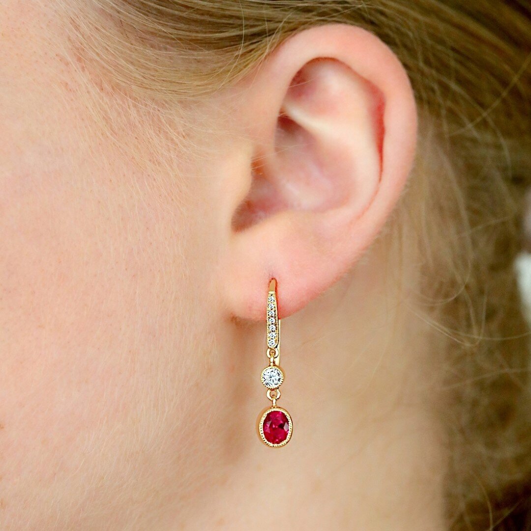 Ear modeling our brand new ruby earrings. Hand fabricated in 18K gold, set with a stunning pair of unheated Burma rubies, 1+ ct each, with GIA reports (the diamonds are GIA graded, too!). These are such fun to wear, I may have to keep them for myself