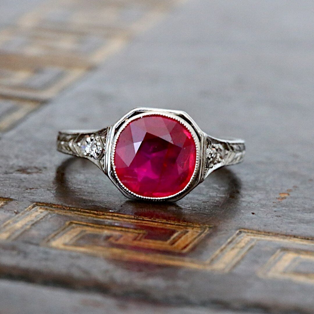 New in stock and just in time for the month of ruby! A fine Edwardian era platinum ring, set with an unheated Burma ruby...with AGL report! ❤️⁠
.⁠
.⁠
An intriguing piece of jewelry from a time when platinum as a jewelry metal was new, exciting, and i