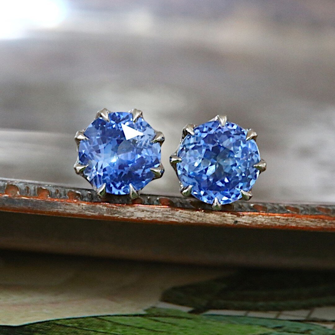 Large unheated sapphire studs, 5+ carat total weight &amp; true sparkle bombs! 🔵🔵⁠
.⁠
.⁠
A royally sized pair of sapphire stud earrings. The antique style &ldquo;crown&rdquo; mountings, all hand fabricated to exactly fit these precious gems, are ea