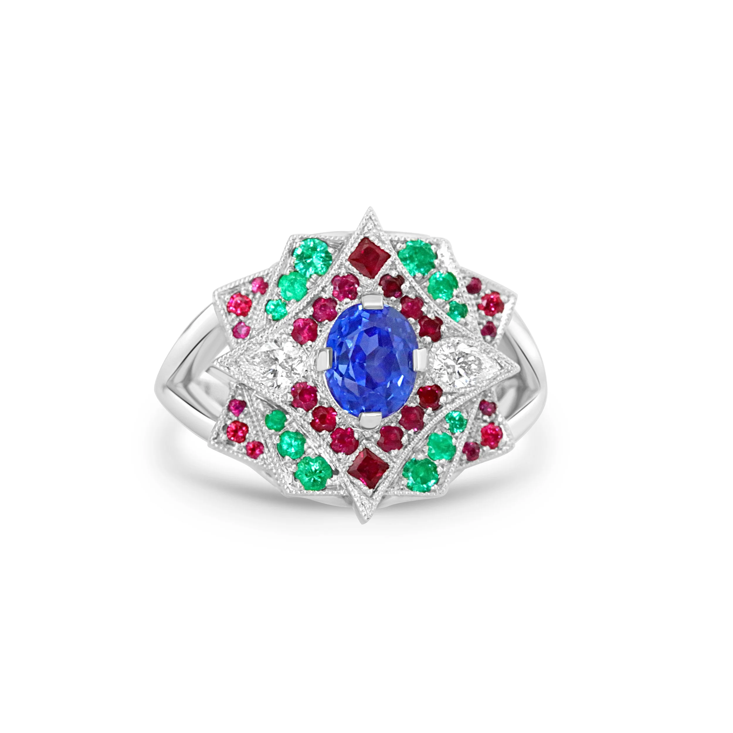 Bespoke Sapphire Ruby Emerald Diamond Platinum Ring.jpg