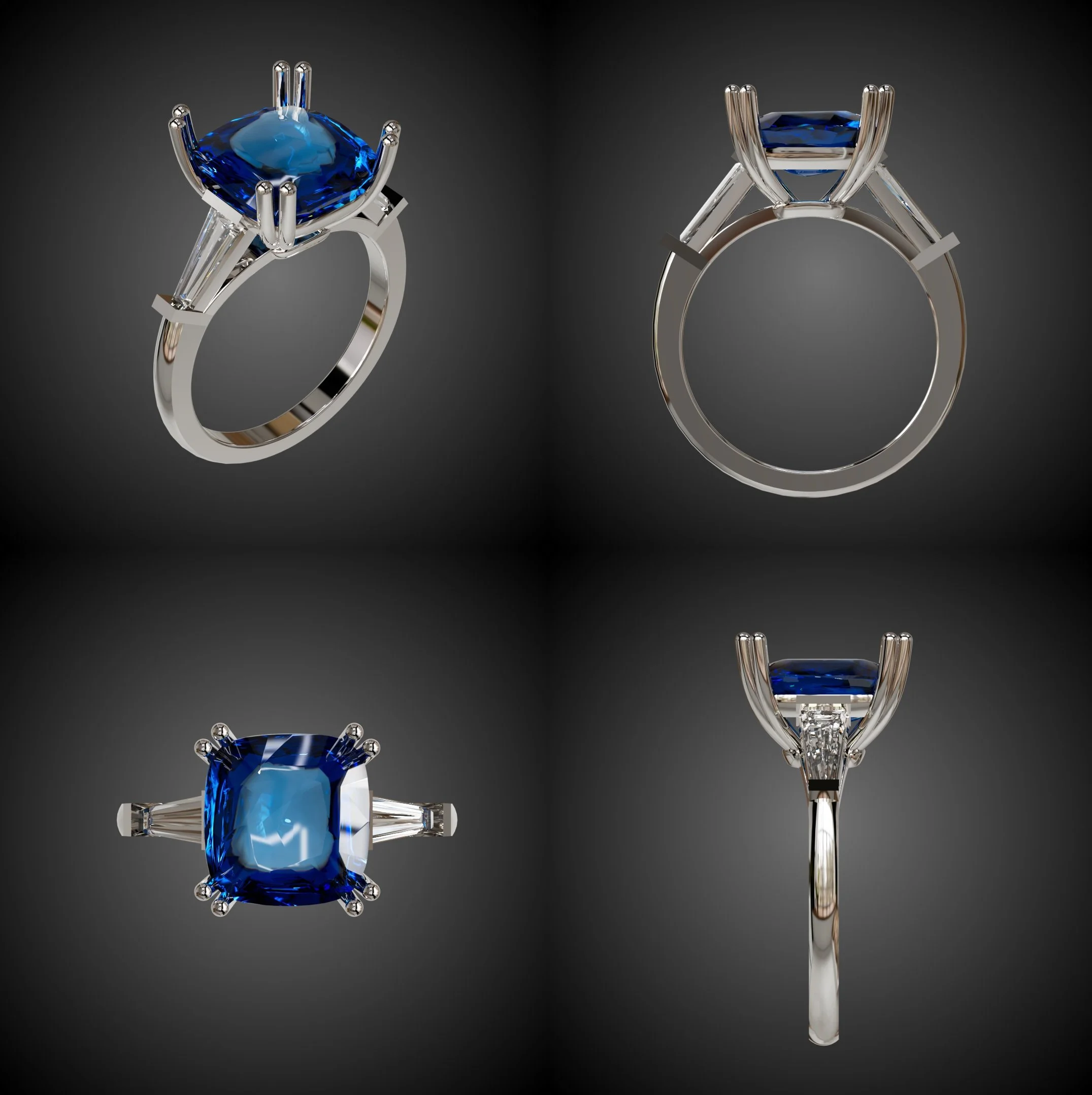 Four-view computer-aided design rendering of a bespoke oval blue gemstone ring, showing its setting and proportions.