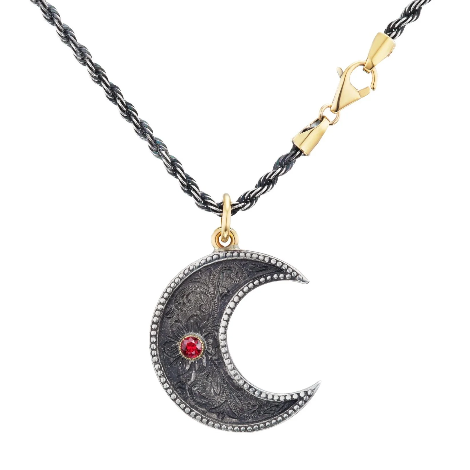 Blackened silver and 18K gold crescent moon necklace with an unheated ruby accent