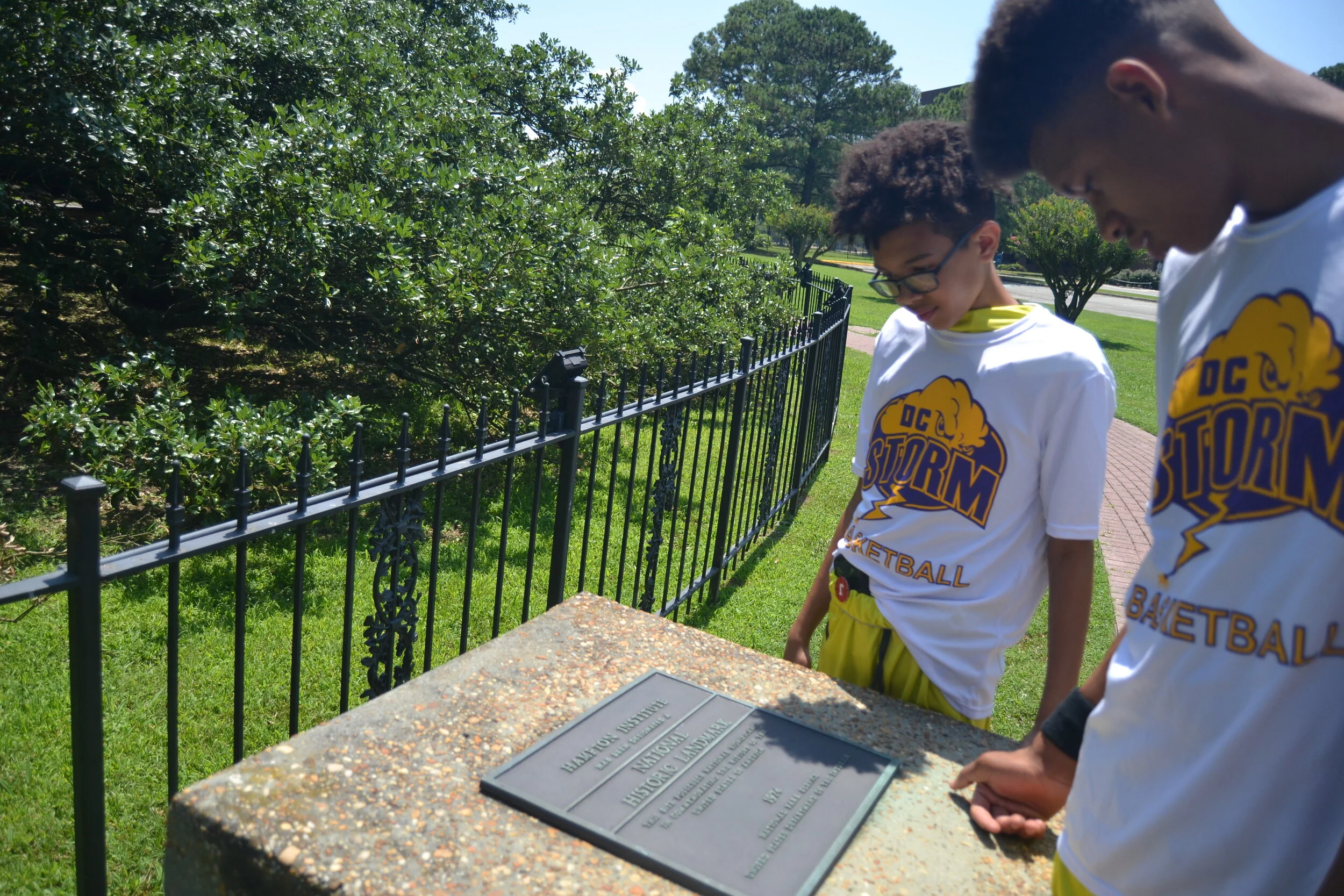 Naz and Jaron reading about the Emancipation Oak Tree.JPG