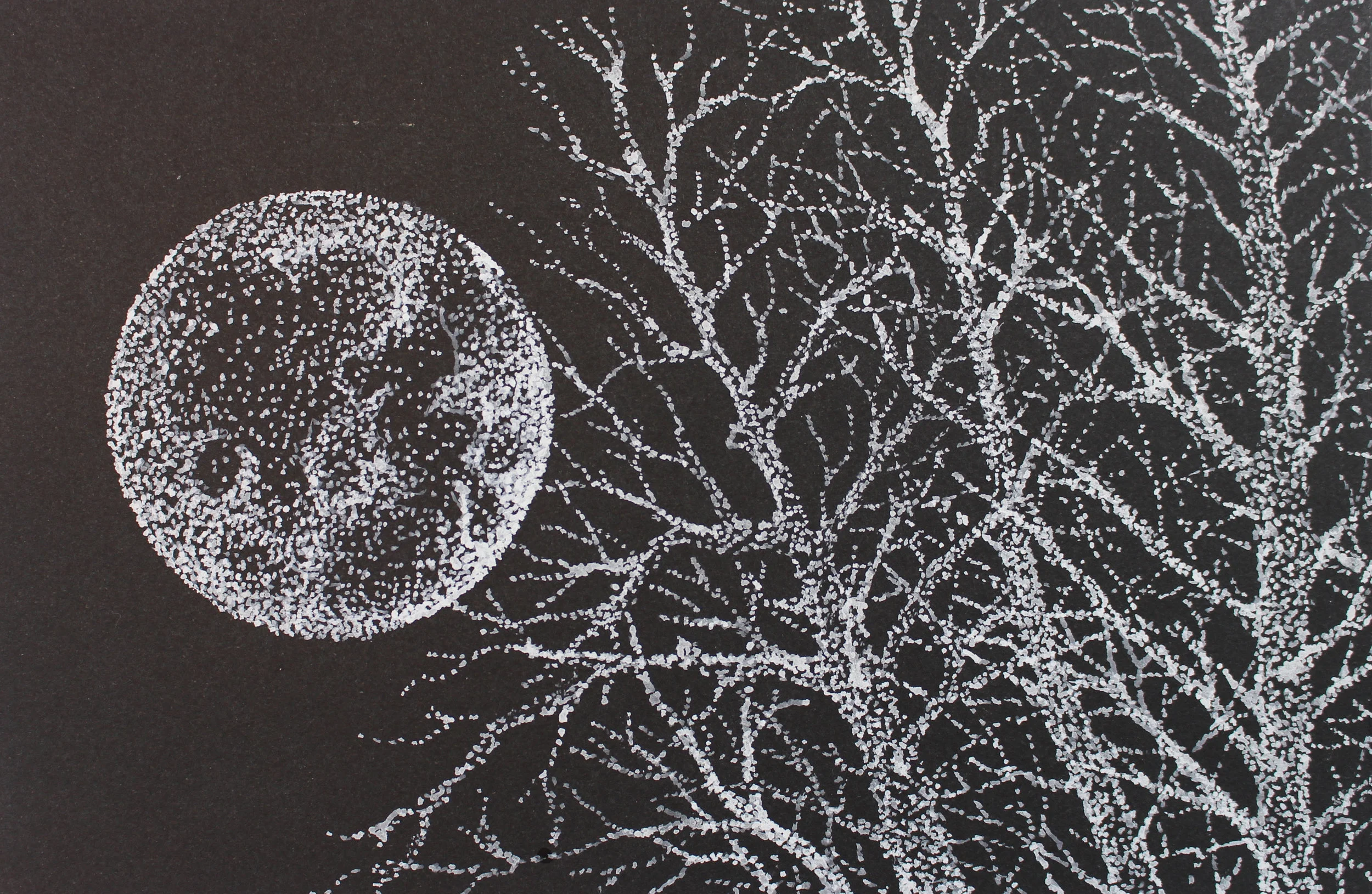 "Moon View" - 8" x 5.5" white ink on black paper