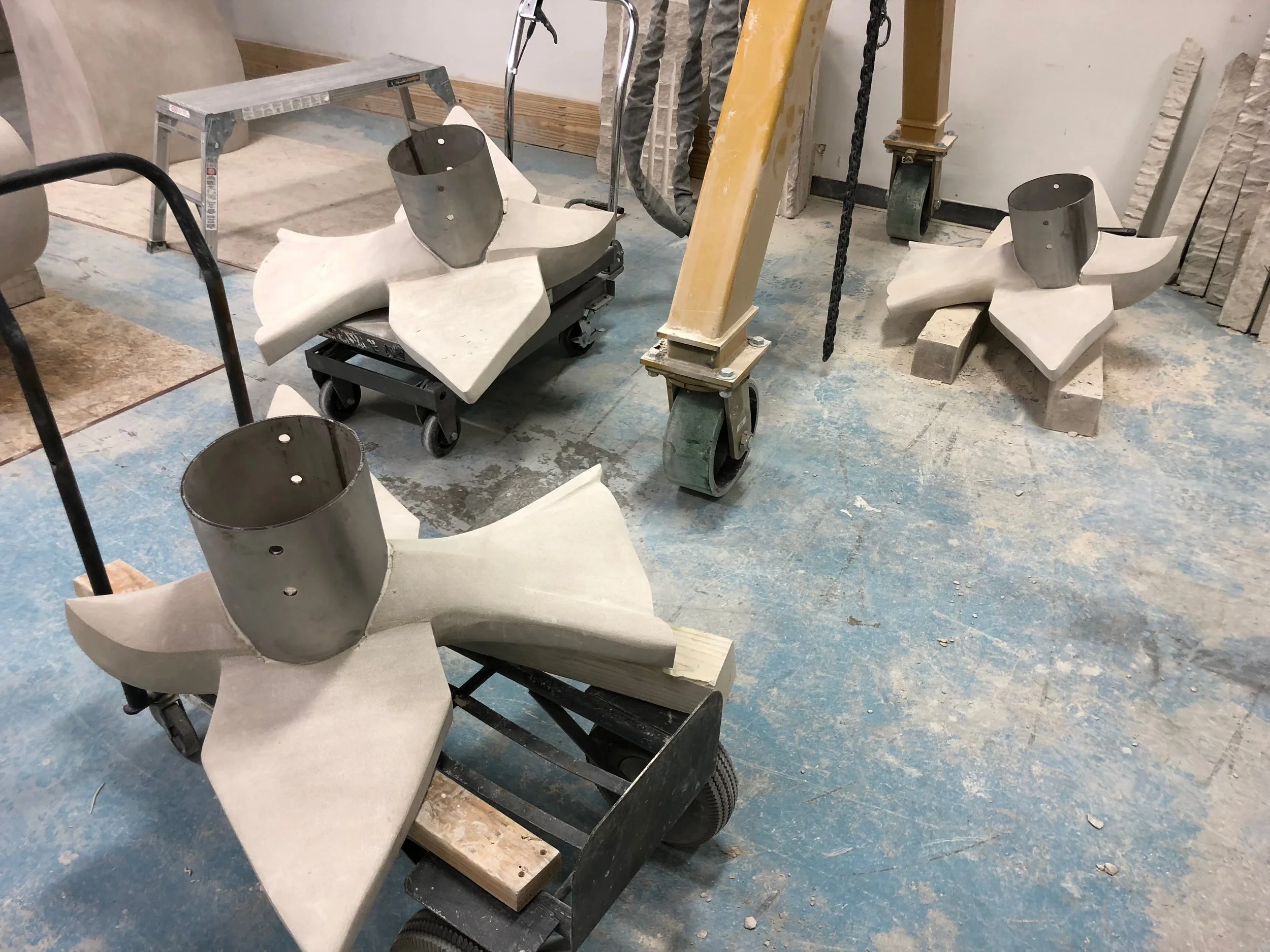 Three of the birds with their stainless steel sleeves epoxied in place.