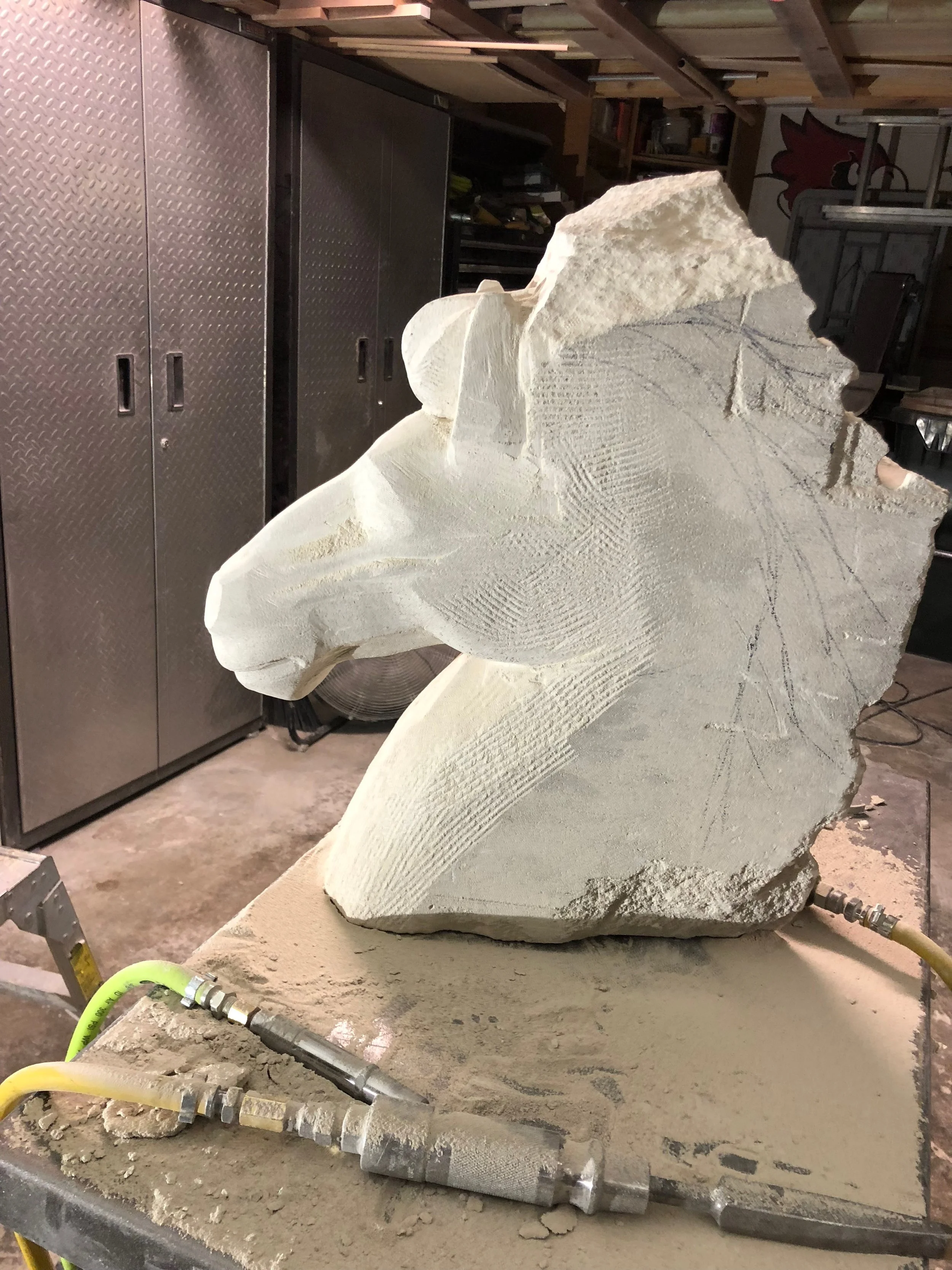 In Progress Shot of a new Indiana Limestone Horse Head by Mike McCarthy