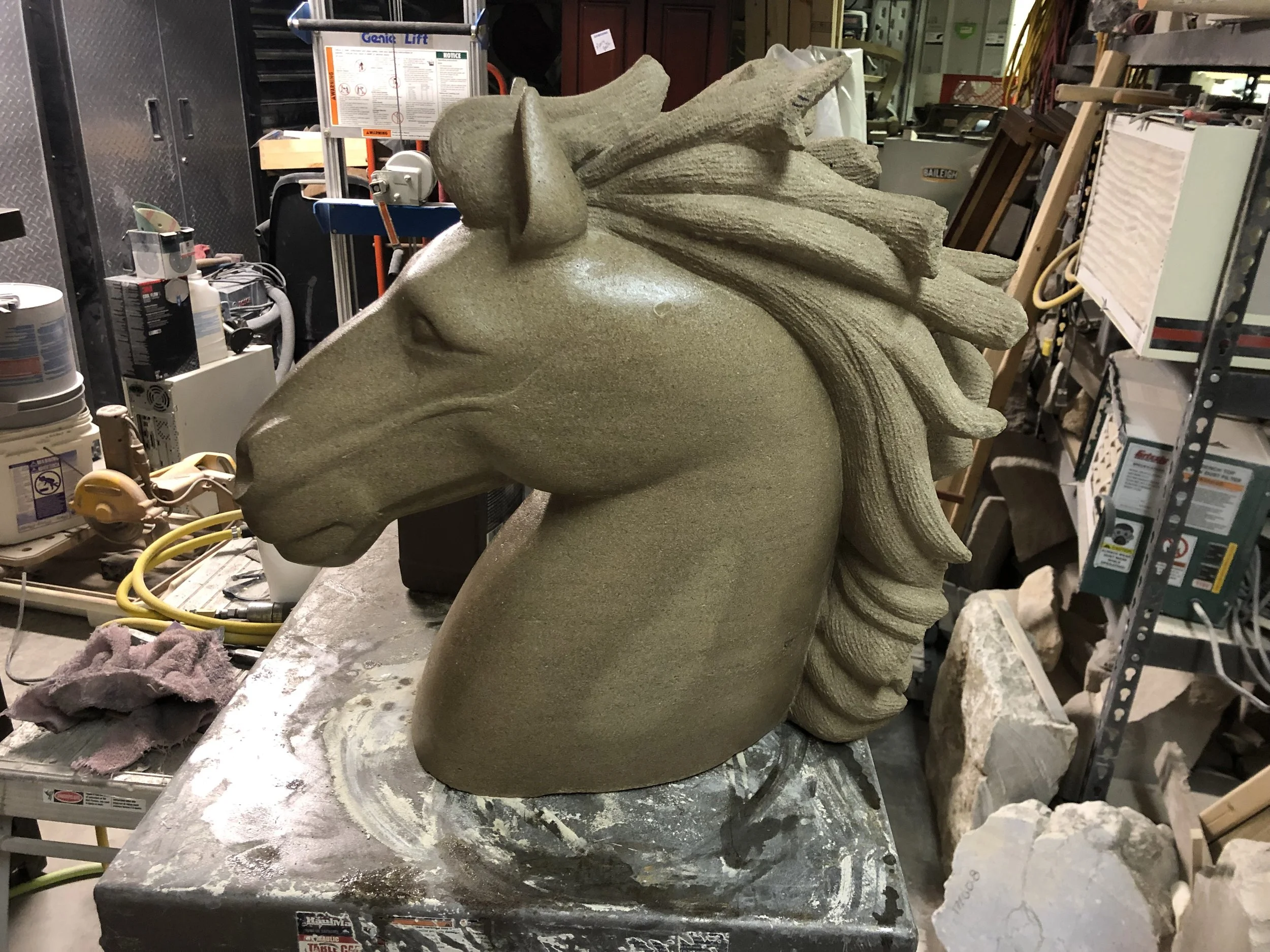 "Limestone Horse Head" carved by Mike McCarthy