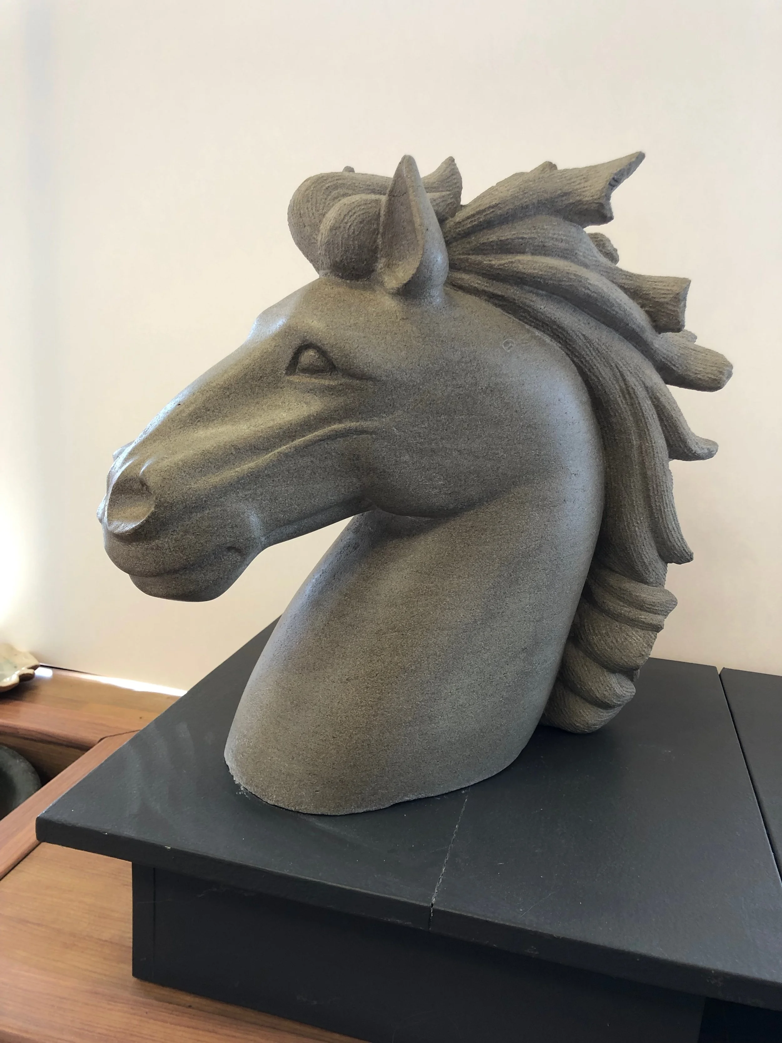 "Indiana Limestone Horse Head" Completed and in the Gallery by Mike McCarthy