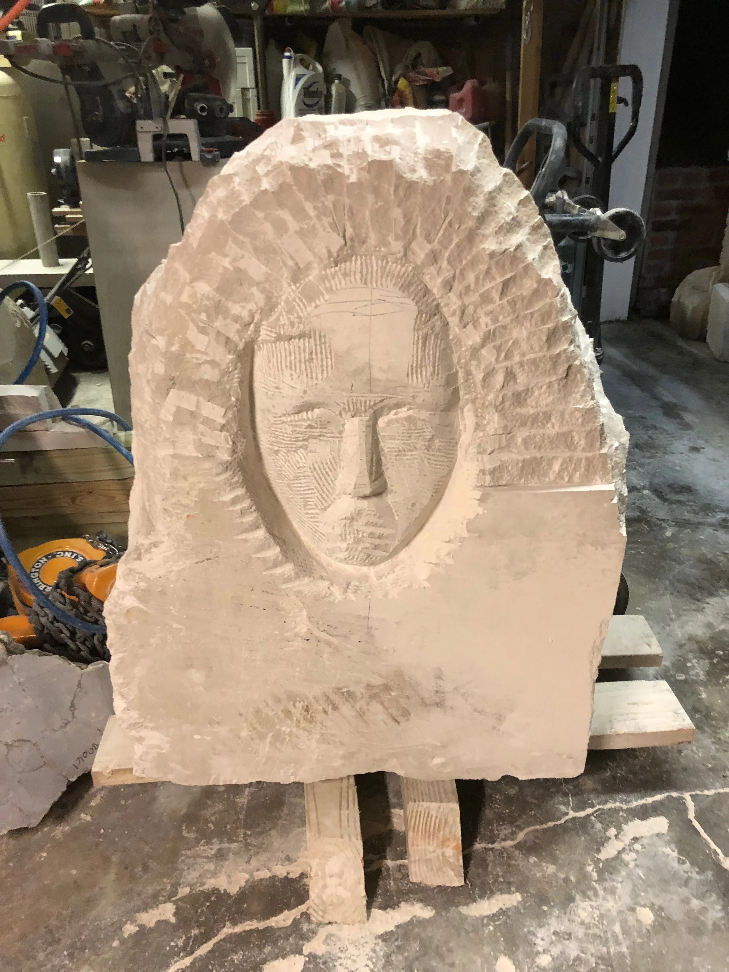Progress Shot of the Carving of an Indiana Limestone Fountain by Mike McCarthy