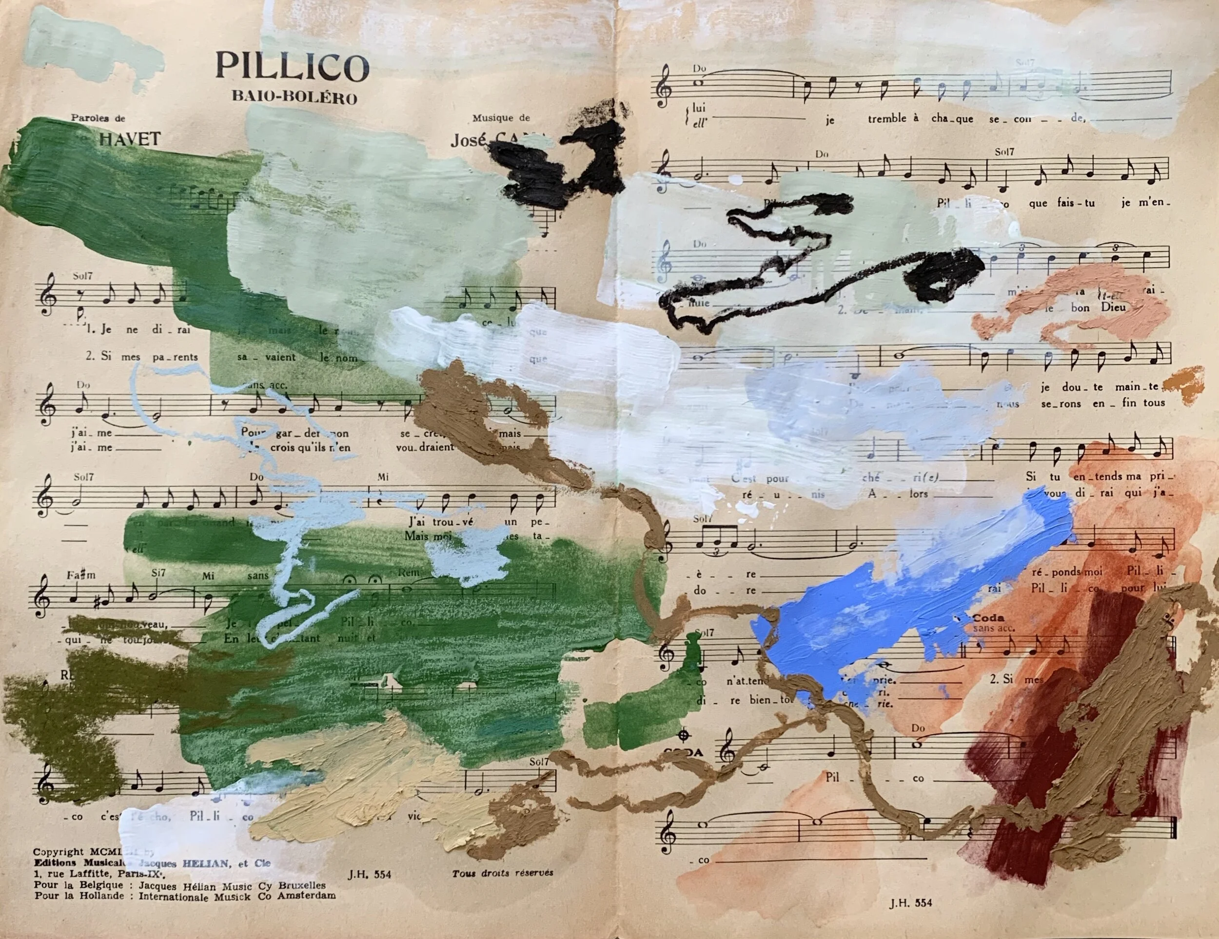  17”x10.5”  acrylic, gouache, pastel on vintage music sheet  $300 