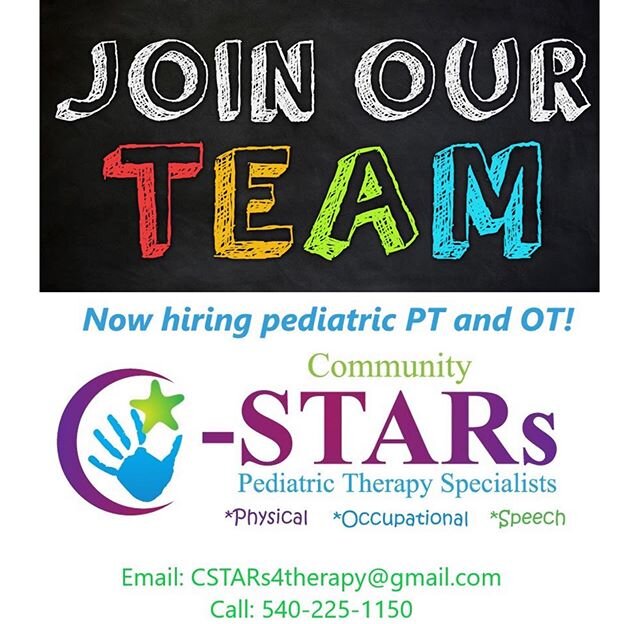 Please helps us spread the word that we are looking to grow our STARtastic team!  Now hiring for pediatric Physical Therapist and Occupational Therapist.  If interested or you know someone who would be a good fit, please have them email CSTARs4therap