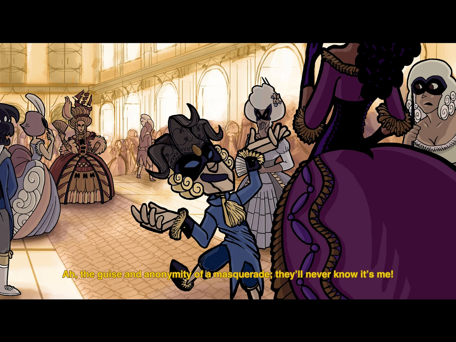  Merlot et Charlisse arrivent au château à Ruby pour le bal de mascarade annuel des démons. Ruby est mécontente de la présence de Merlot, mais la journée du bal est la seule journée ou personne ne peut se faire exécuter. Cette illustration imite une 
