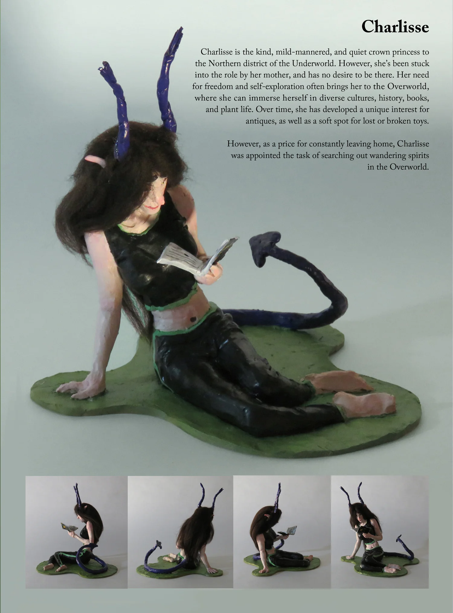  La première version de la biographie de Charlisse. Sa sculpture a été créée avec du Sculpey, du papier d'aluminium,&nbsp; du fil d'artisanat,&nbsp; et des fibres de feutre pour ses cheveux. Elle a été conçue pour développer un meilleur sens de sa ph
