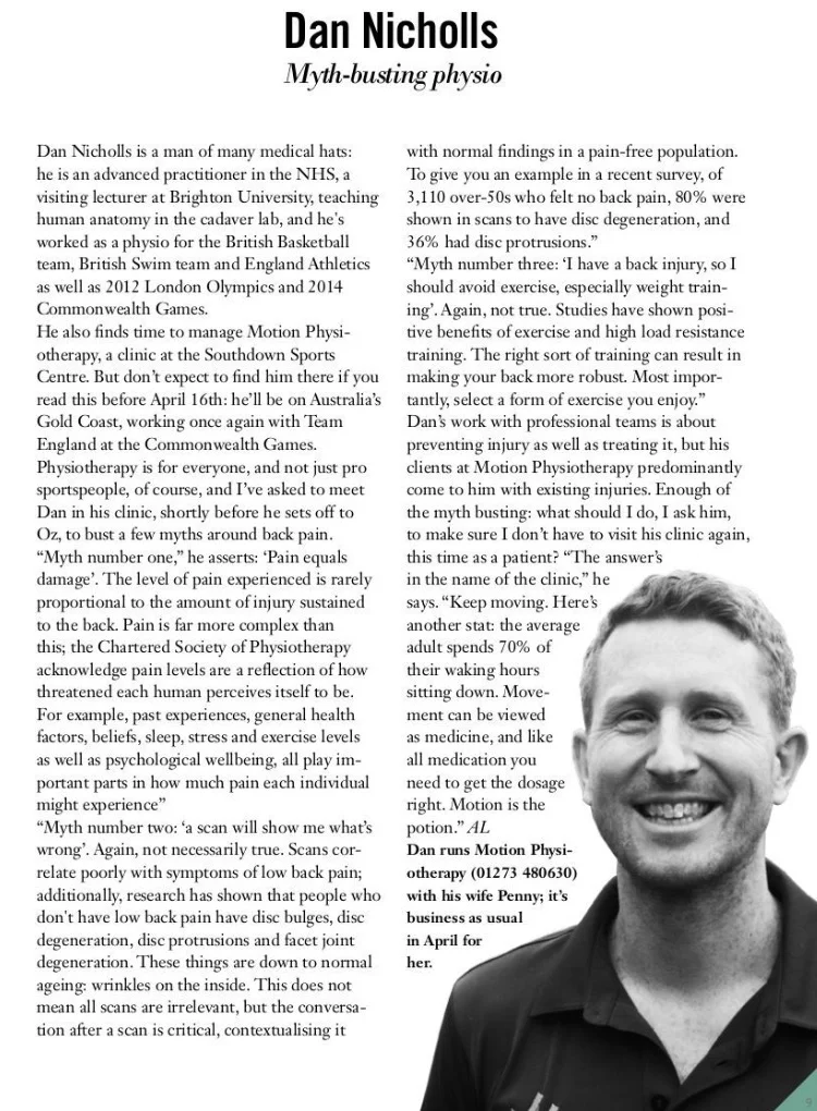 Motion Physiotherapy Myth busting article in Viva Lewes magazine 
