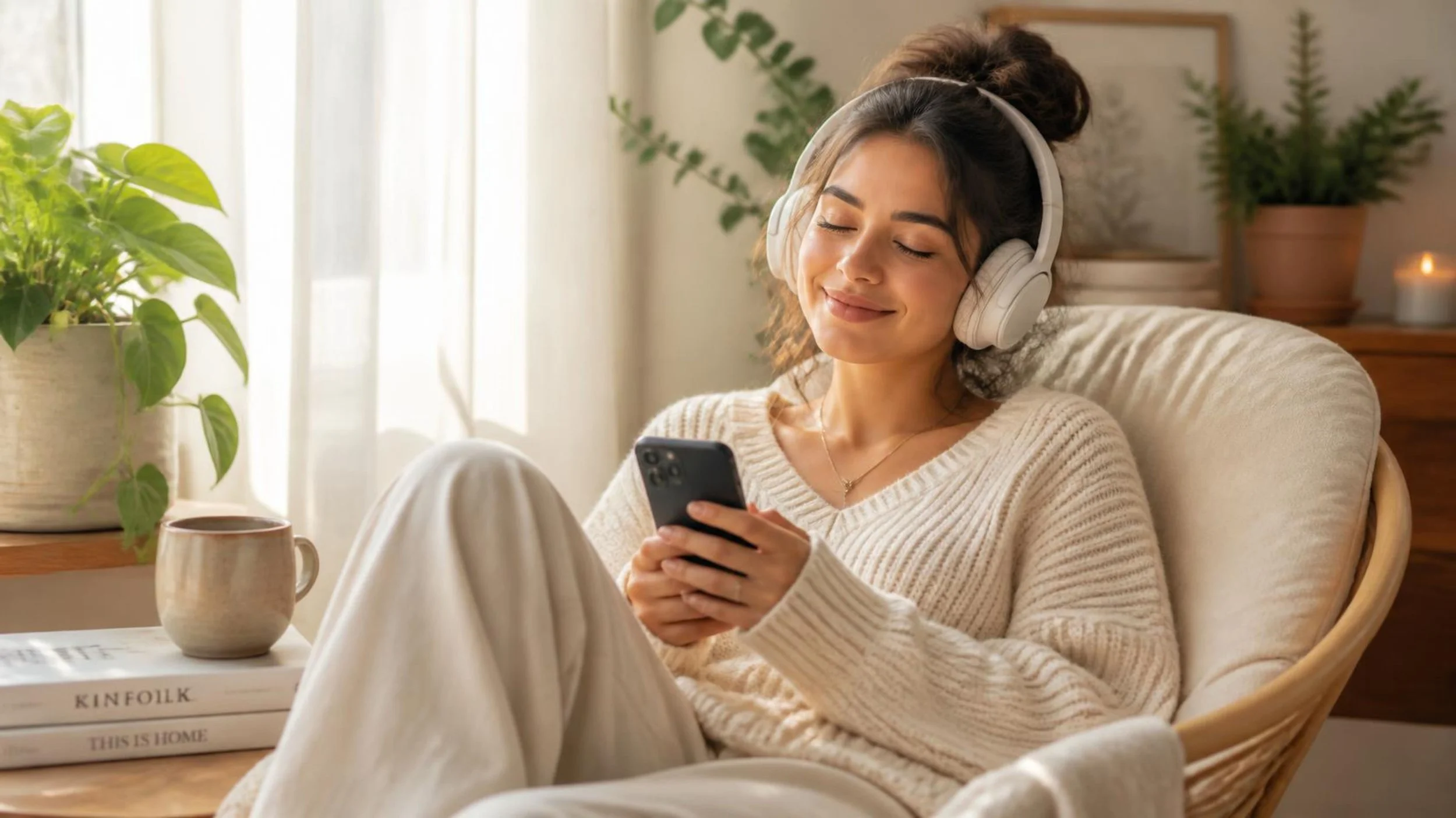 Woman streaming an on-demand audio healing from Ente Collective on her smartphone.