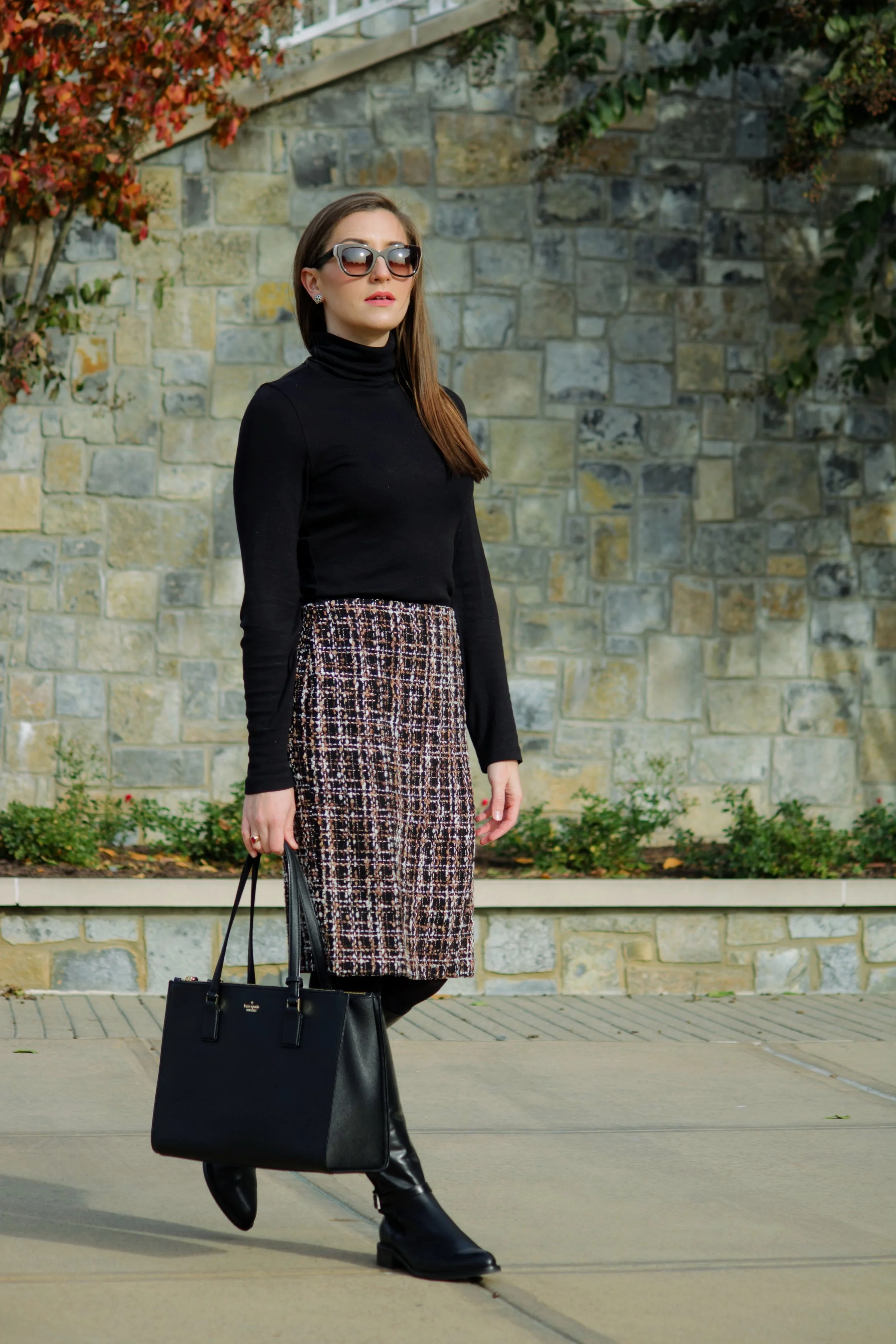 brown tweed skirt outfit