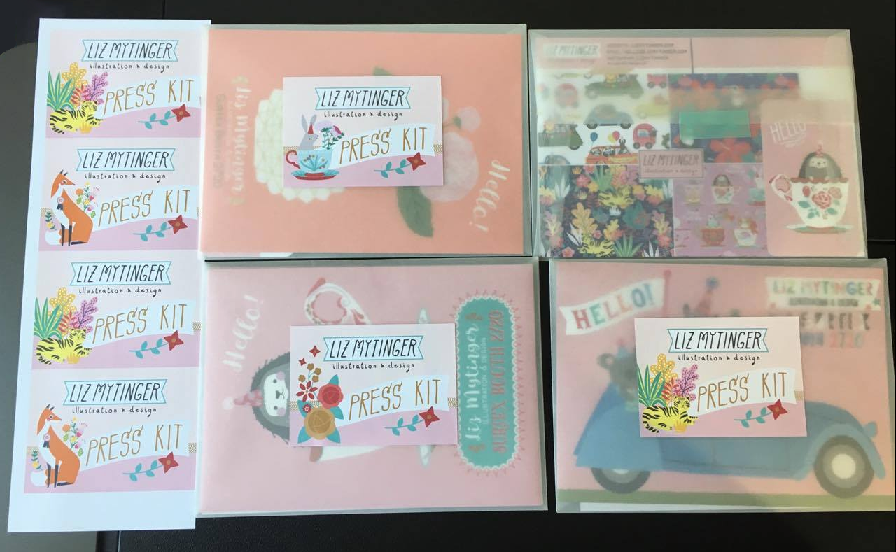 Press kits: vellum envelope, postcard, "about me" flyer, and self printed "press kit" stickers