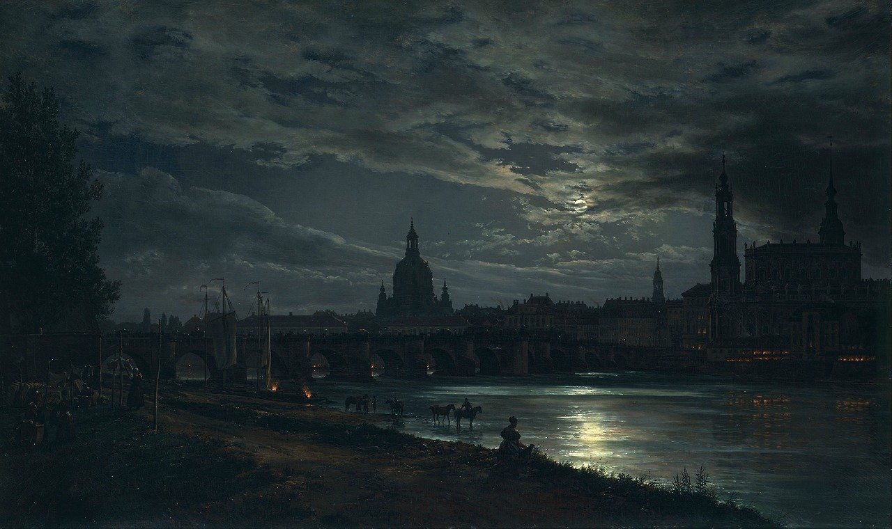 Johan Christian Dahl (1788-1857), View of Dresden by Moonlight. Oil on canvas, 78 x 130 cm.