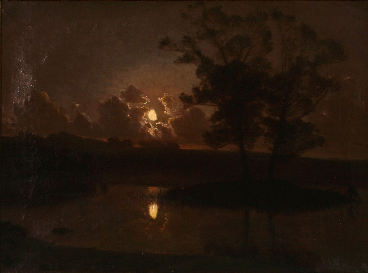 August Jerndorff (1846–1906), "Høstaften ved Hjortekæret, Jægersborg Dyrehave, Maaneskin," April 1888, oil on canvas, 58 × 79 cm