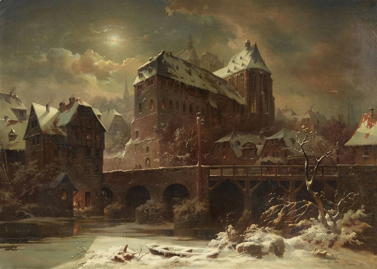 Eduard Stiegel, 1818 Kassel - 1879 Kassel, View of Marburg with the Old University, Lahnbrücke and Deutschherrenmühle, Oil on canvas. 105 x 147 cm.