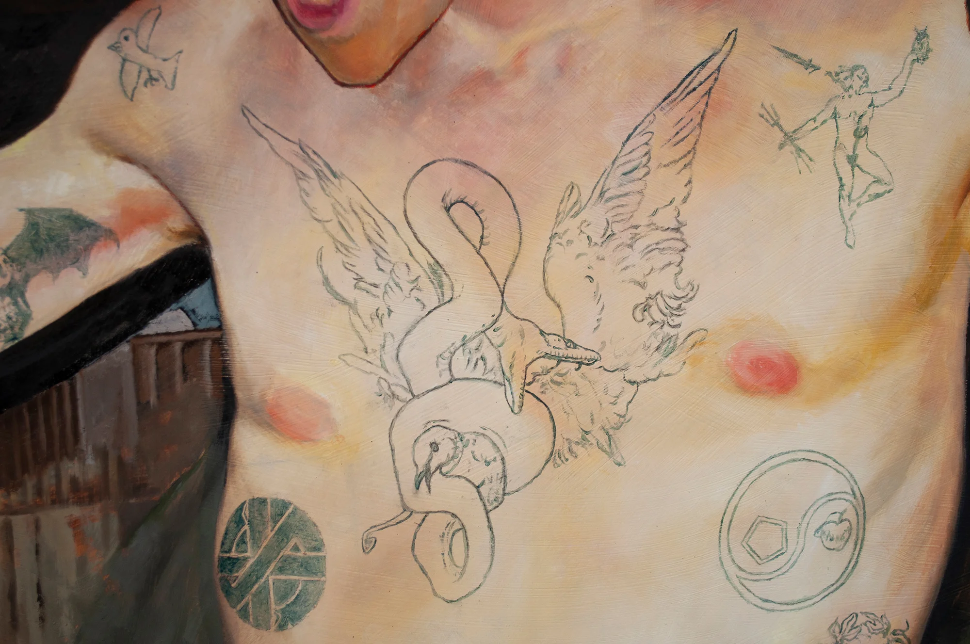 The poorly drawn little bird in the top left is from the prisoner guy in The Grand Budapest Hotel :)
